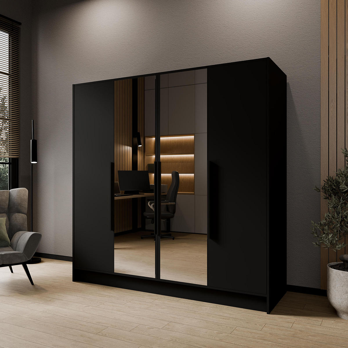 DREHTÜRENSCHRANK Laro mit Spiegel, Schwarz mit mit schwarzen Griffen, 200 cm - Schwarz, Holzwerkstoff (200/200/51cm) - Beautysofa