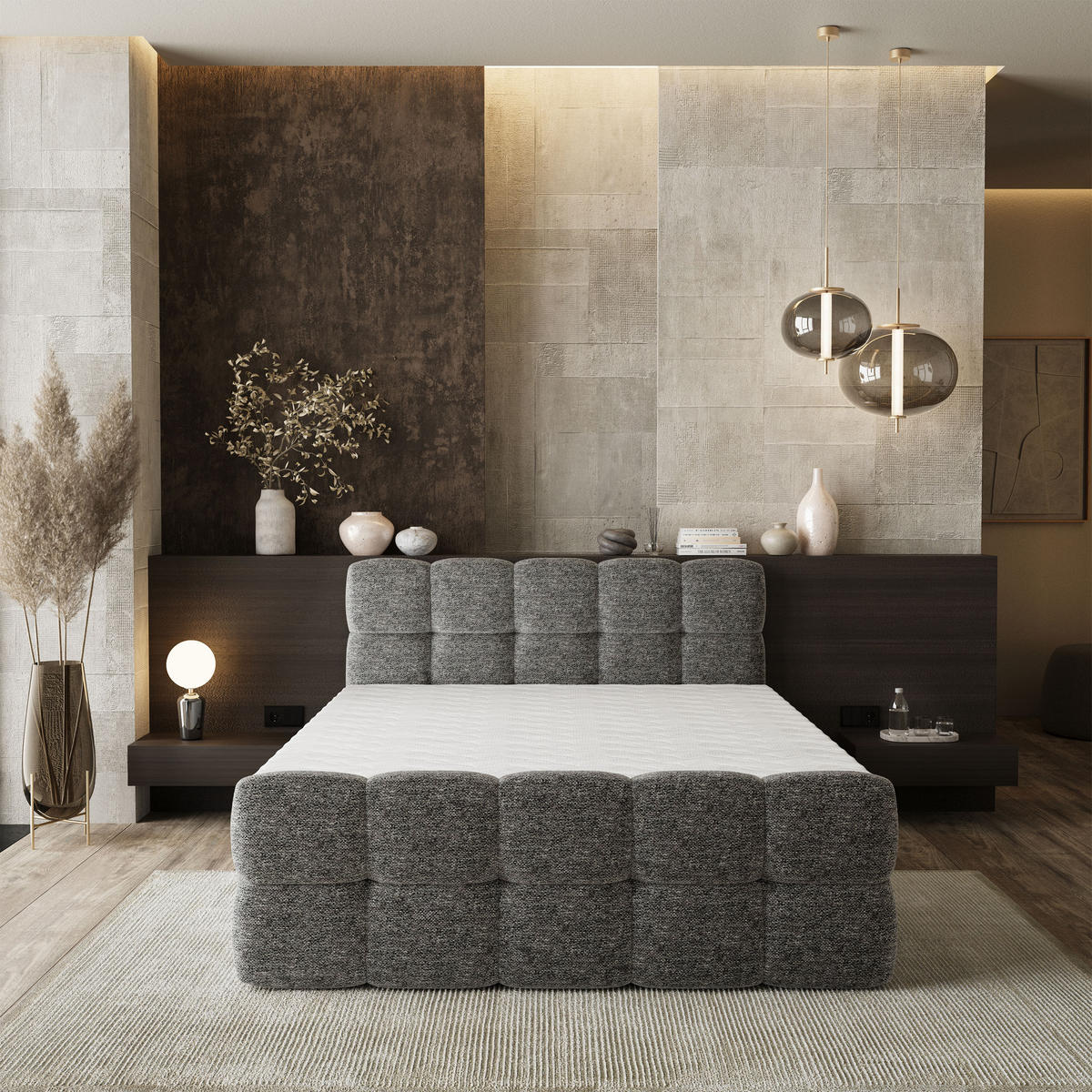 BOXBETT BRUME 160x200 cm mit Matratze und Topper, H2+H3 - Grau - Grau, Holz (160/200cm) - MASSENO