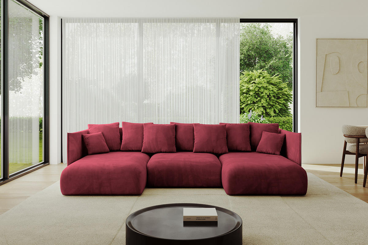 WOHNLANDSCHAFT mit Schlaffunktion und Bettkasten ONESK-U 304x165x40 Bordeauxrot Velours - Bordeaux, Holzwerkstoff/Kunststoff (304/90/165cm) - ALTDECOR