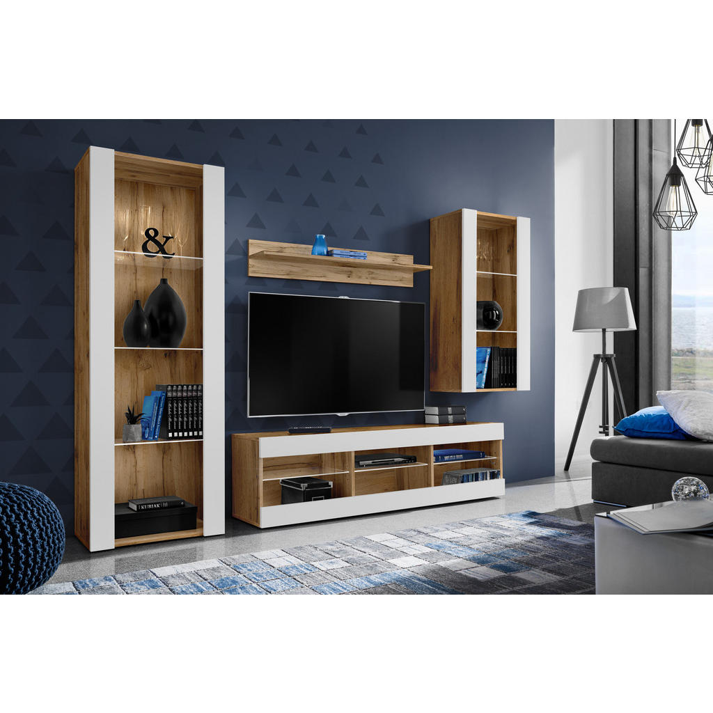 Thumbnail - Komodee Wohnzimmerset, Eiche Wotan, Weiß, Holzwerkstoff, 8 Fächer, Rechteckig, 245x159x35 cm, Wohnzimmer, Wohnwände, Anb...