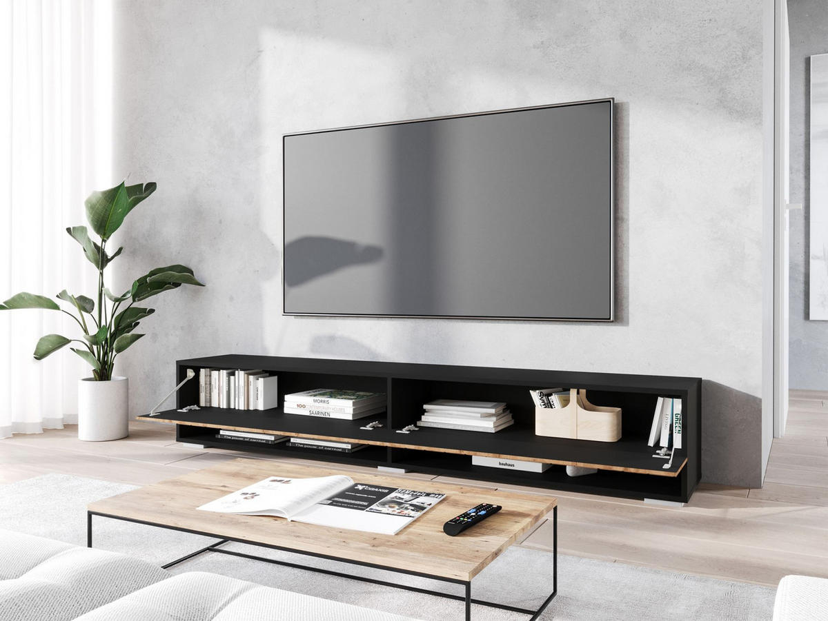 TV-MÖBEL Wander Schwarz-Grafit / Wotan-Eiche mit Fischgrätmuster 180 cm - Schwarz, Holzwerkstoff (180/30/31cm) - Selsey