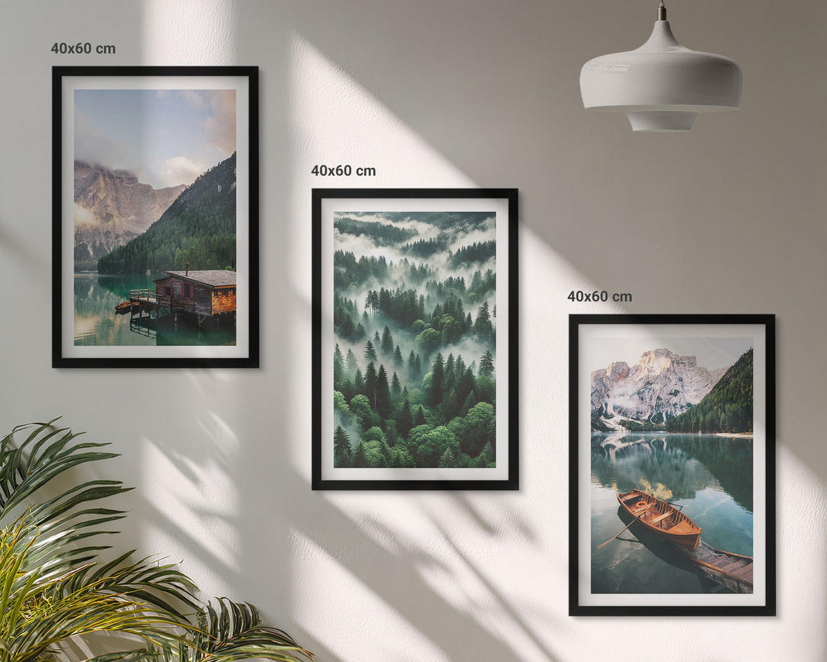 WANDBILDER 3er-Set - 40x60 cm Schwarzer Rahmen - Bergsee, Boot, Waldnebel - Schwarz, Kunststoff (40/60cm) - ArtPrintCave