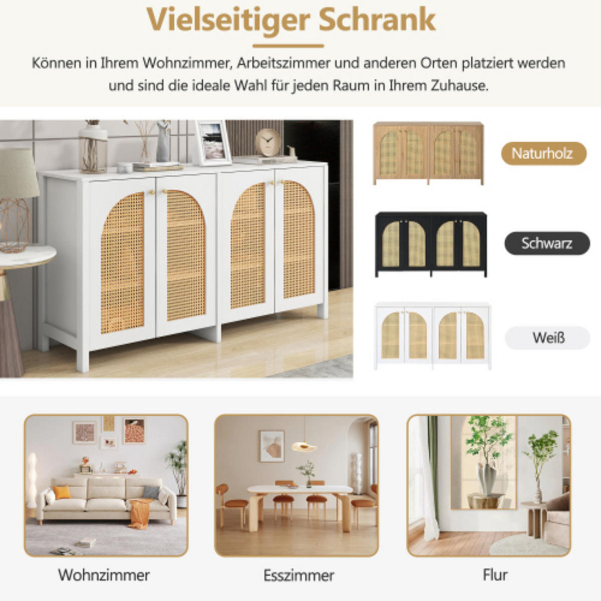 SIDEBOARD mit vier gebogenen Rattan-Türen & Metallgriffen weiß 145×80×40 cm aus MDF - Weiß, Holzwerkstoff (145/40/80cm) - Luhomfu