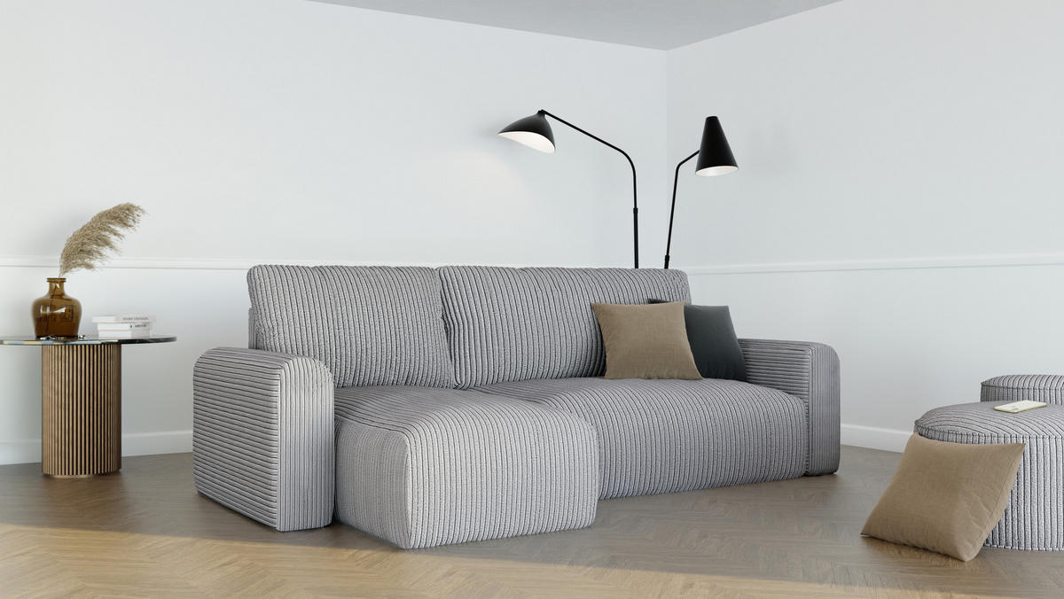 ECKSOFA mit Schlaffunktion und Bettkasten, Grau - Grau, Holzwerkstoff/Textil (244/98cm) - Idohome