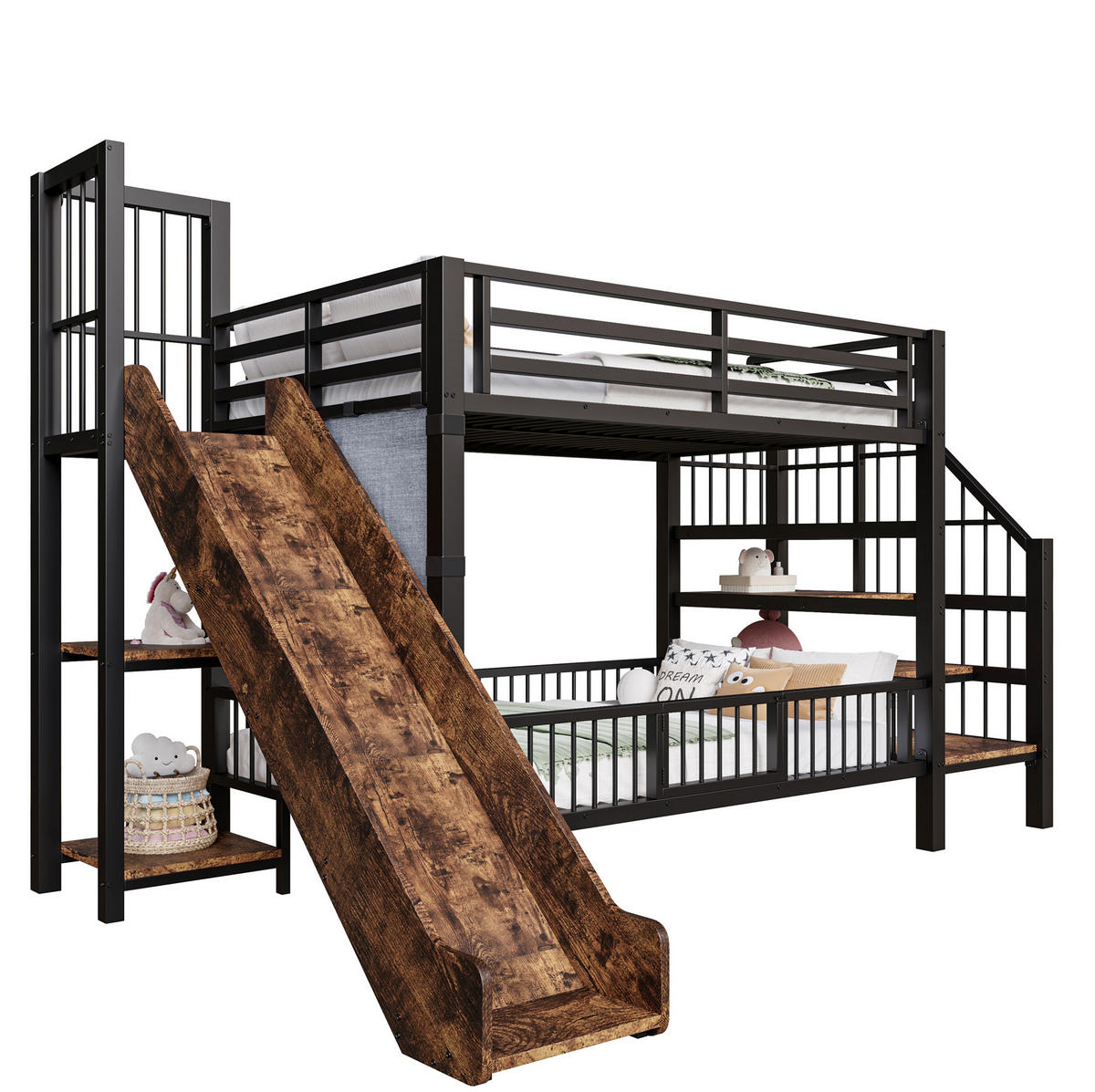HOCHBETT 90/200 cm aus Metall und MDF mit Rutsche und Stauraumtreppe Schwarz - Schwarz, Metall (90/200cm) - Modenvie
