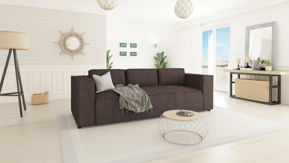 3-SITZER-SOFA Nova Dunkelbraun Cord - Dunkelbraun/Schwarz, Holz/Kunststoff (230/64/92cm) - S-Style Möbel