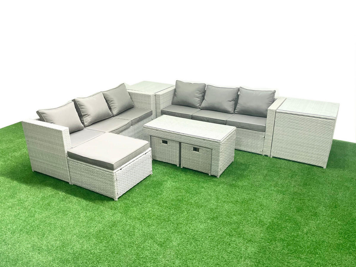 GARTENSOFA hohe Rückenlehne Polyrattan Hellgrau-Mix 9-Sitzer - Hellgrau/Grau, Glas/Kunststoff - Fimous