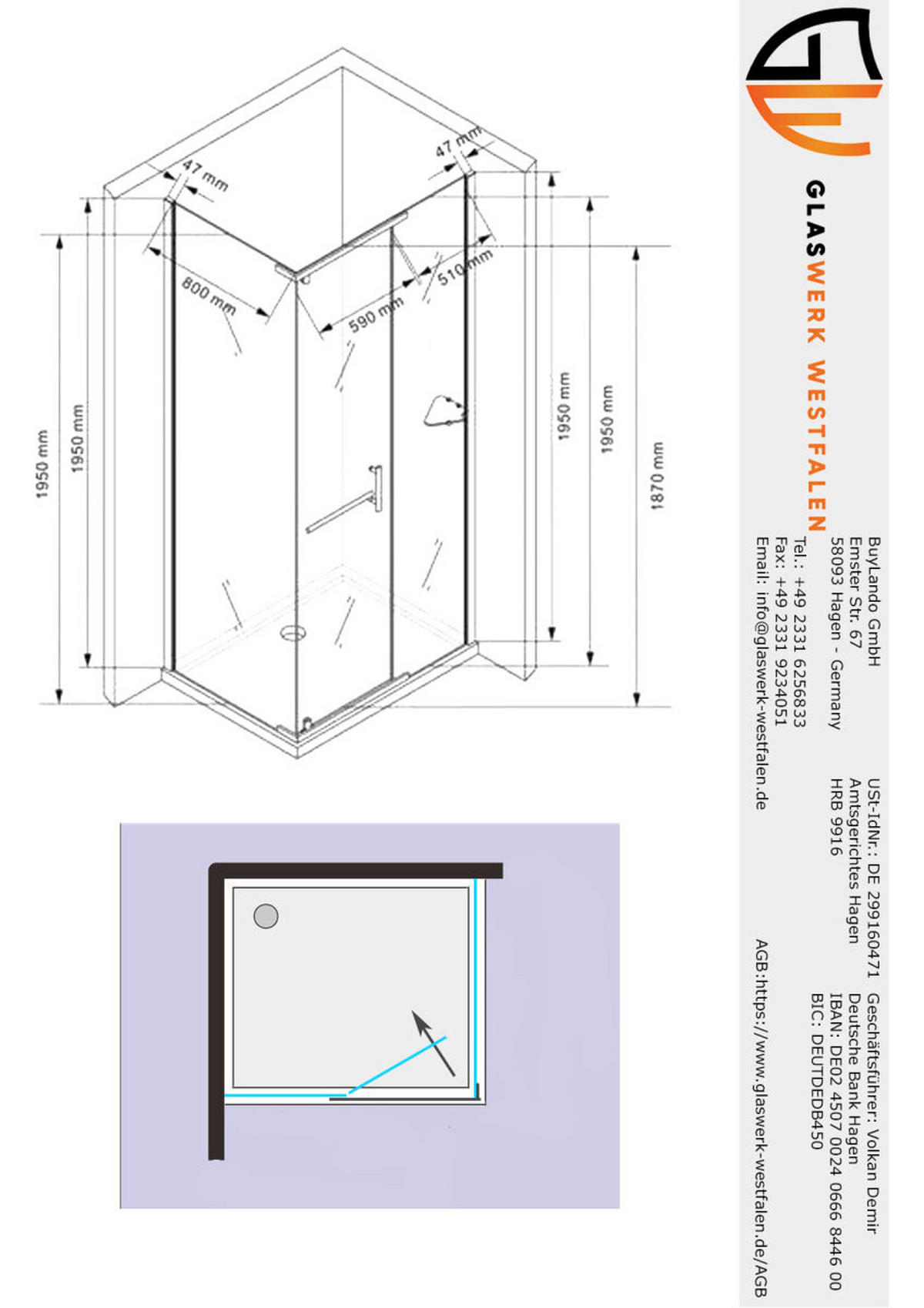 DUSCHKABINE Clara 120x90x195 cm satiniert - Silberfarben, Glas (90/120/195cm) -  Glaswerk Westfalen