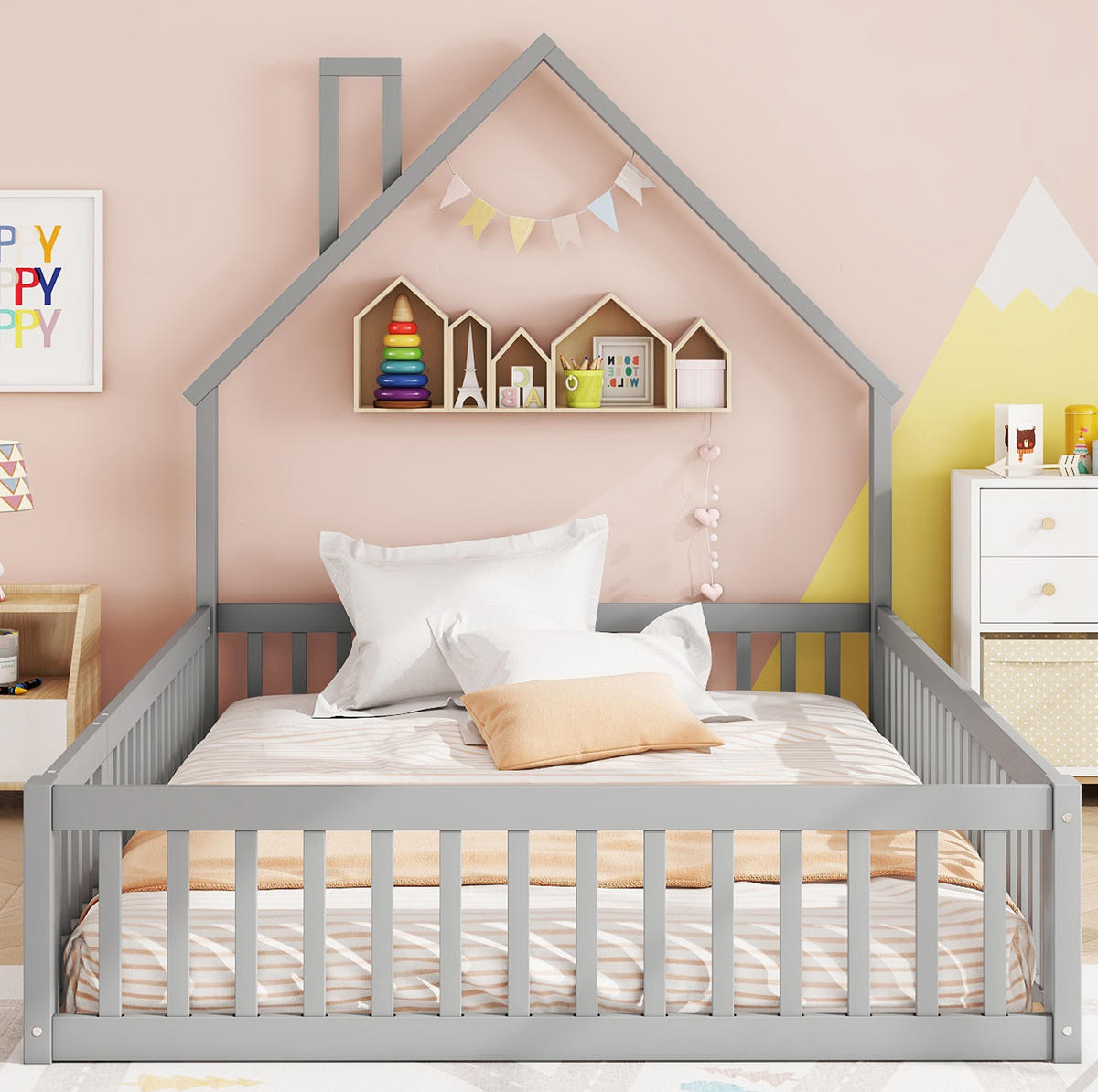 KINDERBETT 140/190 cm Grau aus Kiefer und MDF mit Sicherheitsgitter - Grau, Holzwerkstoff (140/190cm) - Flora Grace