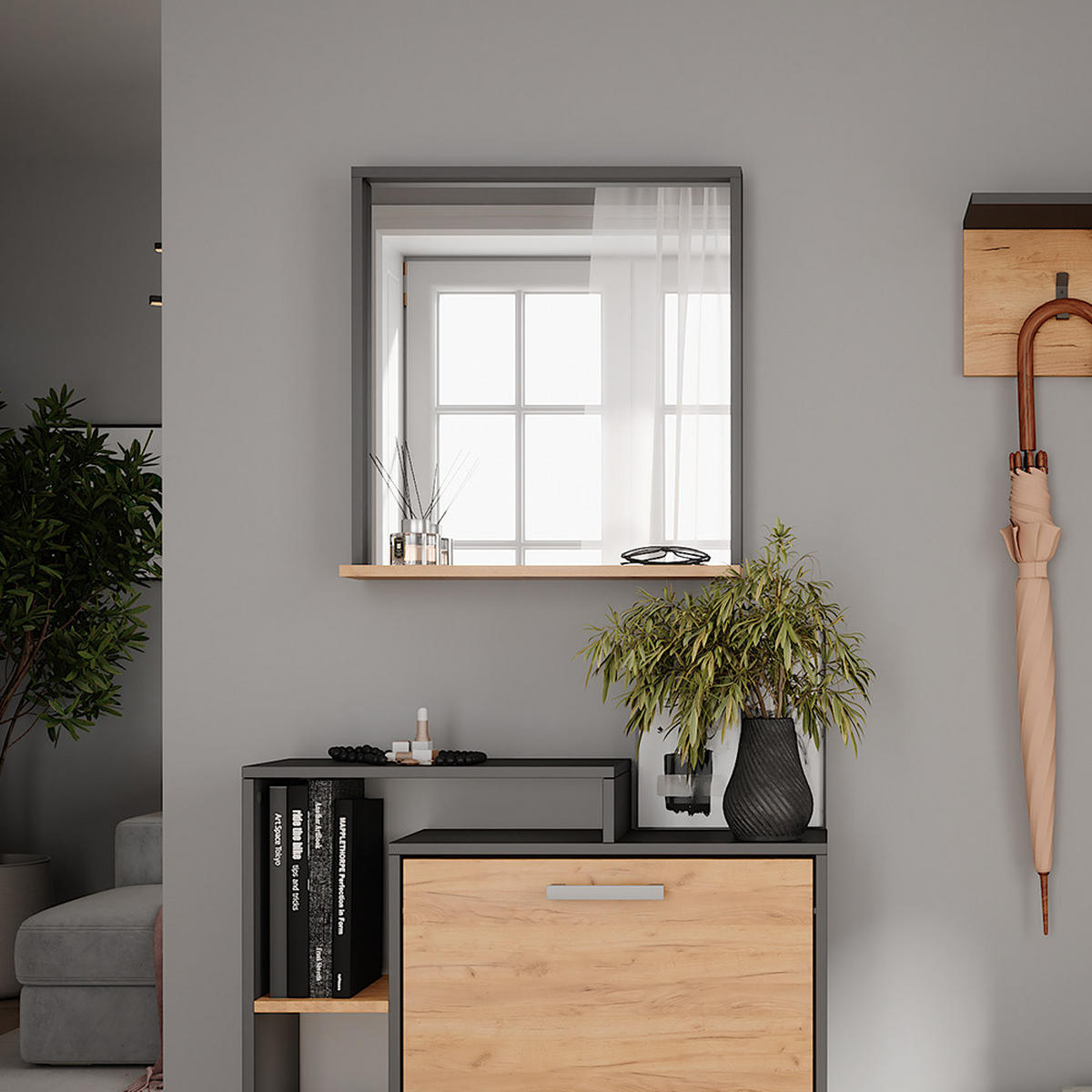 STĚNOVÉ ZRCADLO Orlando Antracit/zlatý dub - medově dubová/antracitová, kompozitní dřevo (57/60/12cm) - Vicco