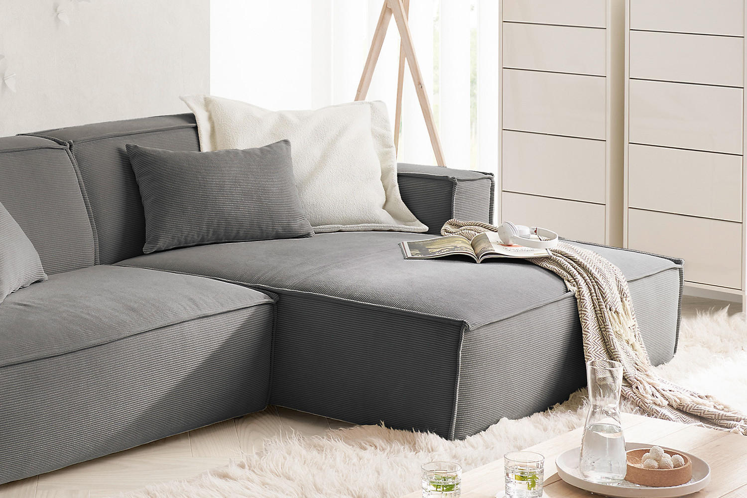 Thumbnail - Kawola Ecksofa, Anthrazit, Textil, Echtholz, 3-Sitzer, Füllung: Kaltschaum, Ottomane rechts, 276x168 cm, Wohnzimmer, Sof...