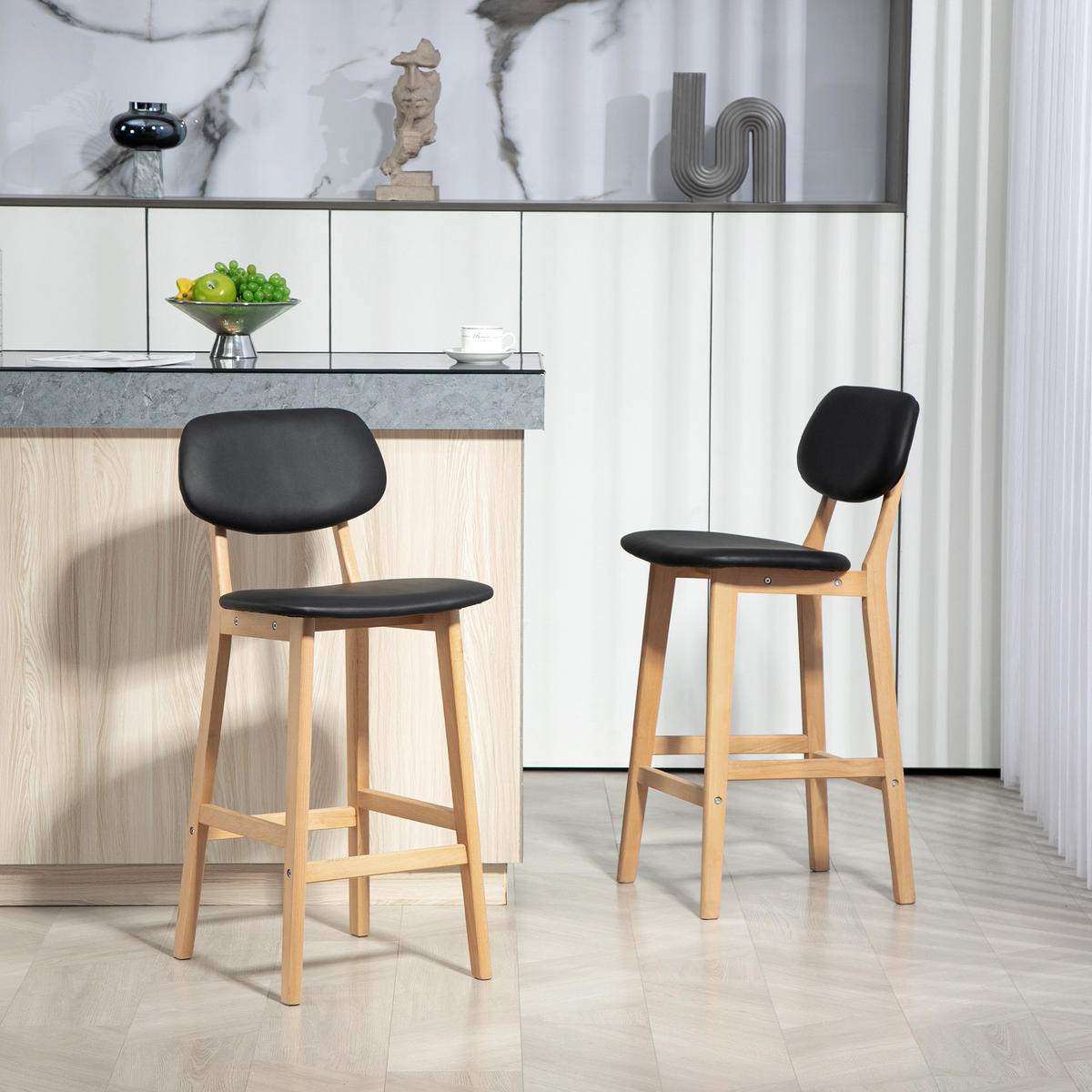 BARHOCKER 2er-Set DE-14741 mit Rückenlehne & Holzbeinen Schwarz - Schwarz, Holzwerkstoff (47/92/42cm) - ComfortXL