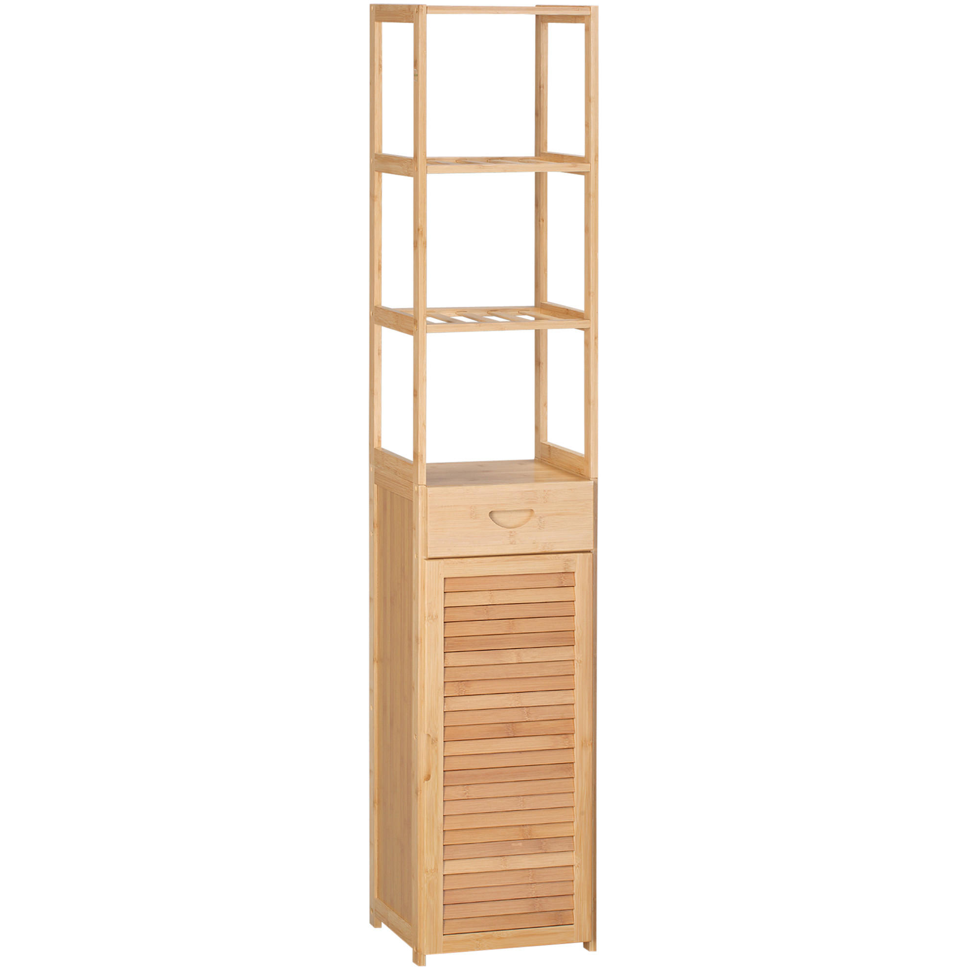 Modfu KOUPELNOVÁ skříňka z bambusu 32x30x163 cm v přírodní barvě se zásuvkou, skříňkou a 3 otevřenými policemi