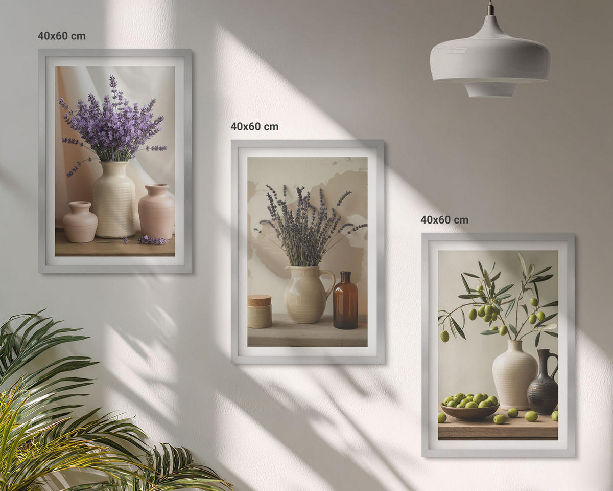 BILDER SET 3er Set - 40x60 cm Silberner Rahmen - Lavendelblüten, Oliven, Gefäße - Silberfarben, Kunststoff (40/60cm) - TULUP