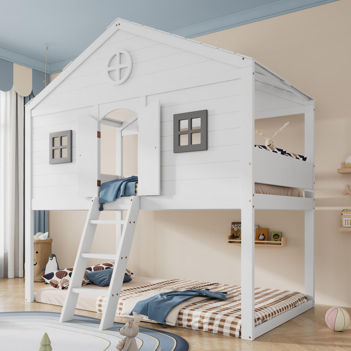 HOCHBETT 90/200 cm Weiß/Grau mit Treppe, Fenstern und Fallschutz - Weiß, Holz (90/200cm) - Flora Grace