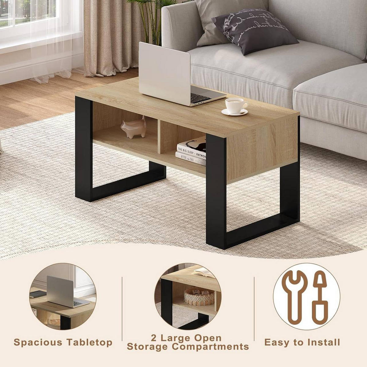 COUCHTISCH mit 2 offene Fächer, Hell Eiche - Ahornfarben/Schwarz, Holzwerkstoff (45/90/45.5cm) - Woltu