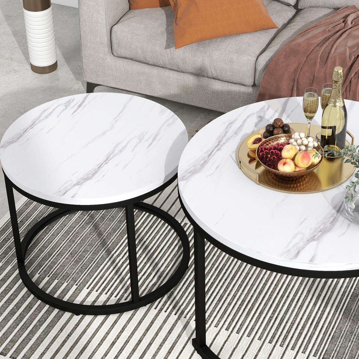 COUCHTISCH Set 2-tlg rund mit Marmoroptik 50/70,5 cm und 45,5/44 cm - Weiß, Holzwerkstoff (70.5/70.5/50cm) - OKWISH