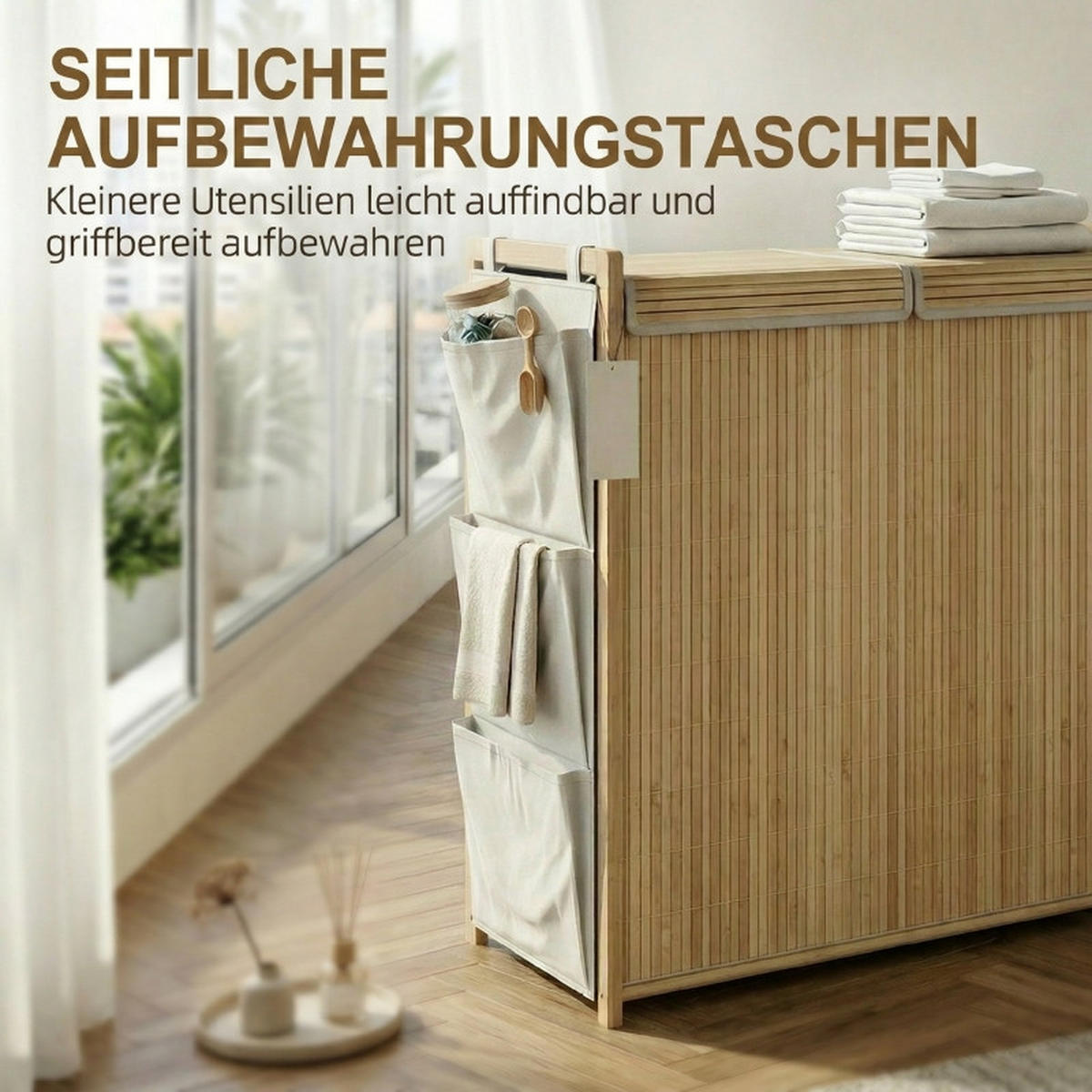 WÄSCHEKORB Bambus 120L mit Deckel, 2 Wäschesäcken & Seitentaschen Natur - Naturfarben, Naturmaterialien (63/78/33cm) - Urban Meuble