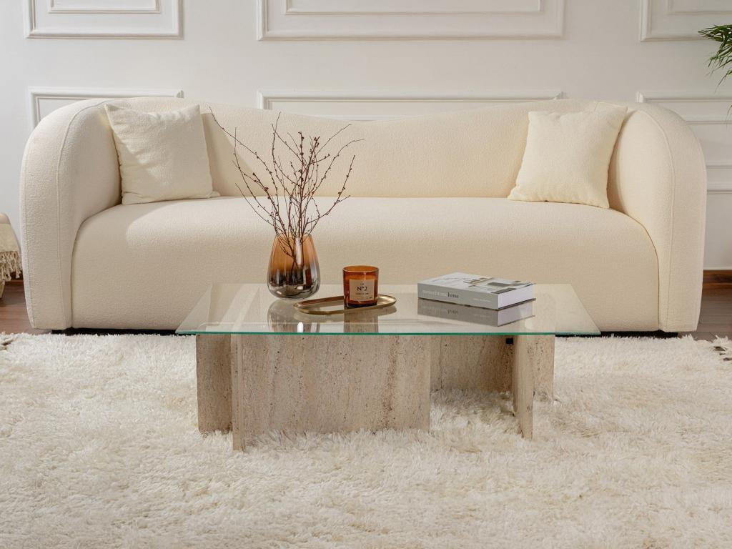 COUCHTISCH - Sicherheitsglas - Travertin-Optik - Beige & Transparent - AZRA - Transparent/Creme, Holz (105/65/30cm) - Vente-Unique