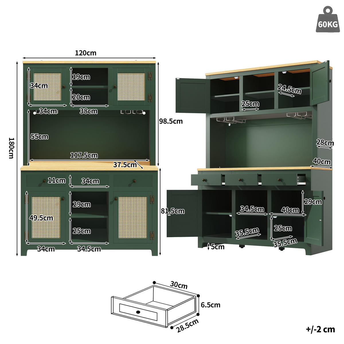 BUFFETSCHRANK Rattanoptik Antikgrün 120/40/180 cm - Salbeigrün, Holz (120/180/40cm) - PANGIVO