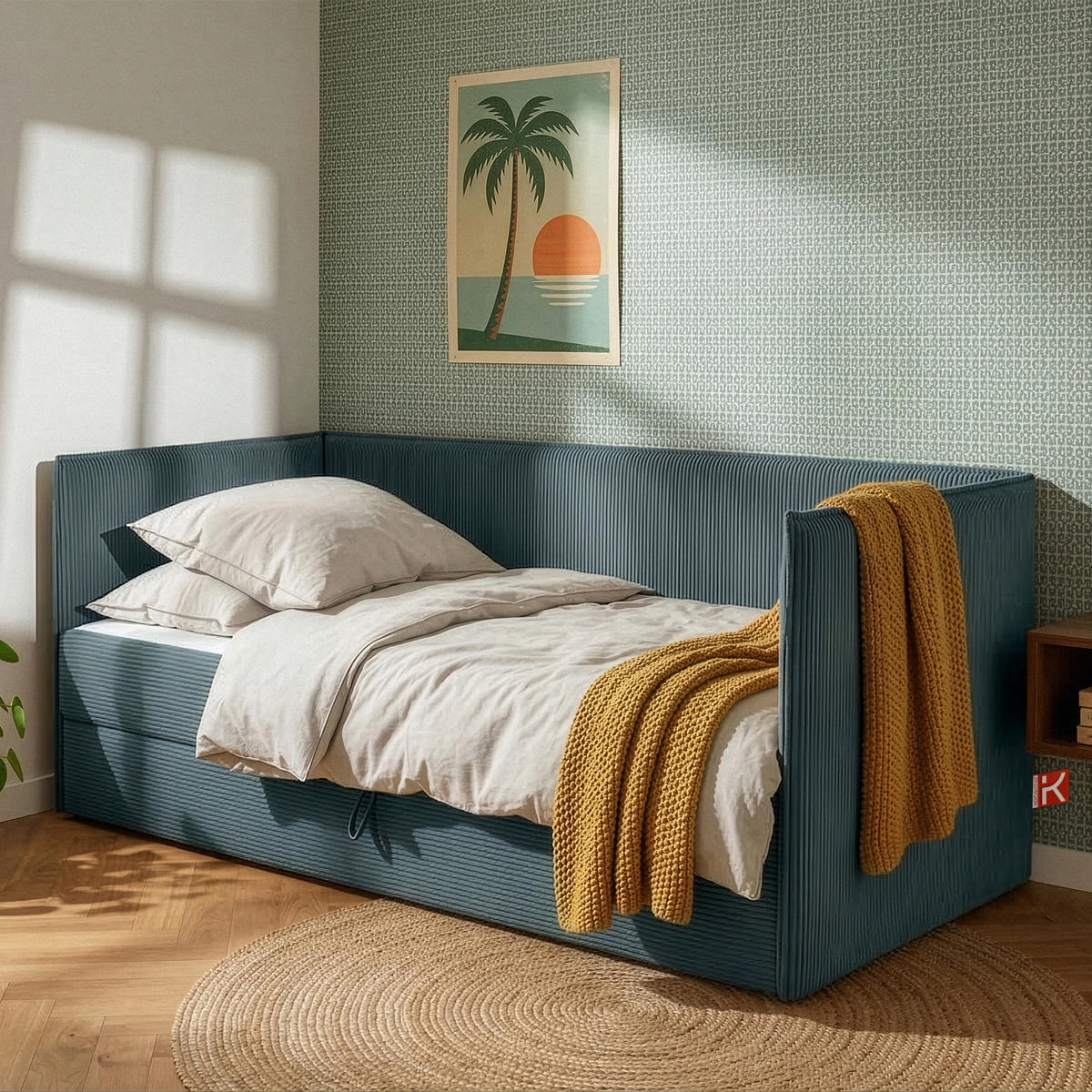 JUGENDBETT ROTI Einzelbett mit Bettkasten, 90x200cm, Bett mit Bonellmatratze, mit Rückenlehne - Blau/Schwarz, Holz/Holzwerkstoff (92/200cm) - KONSIMO®