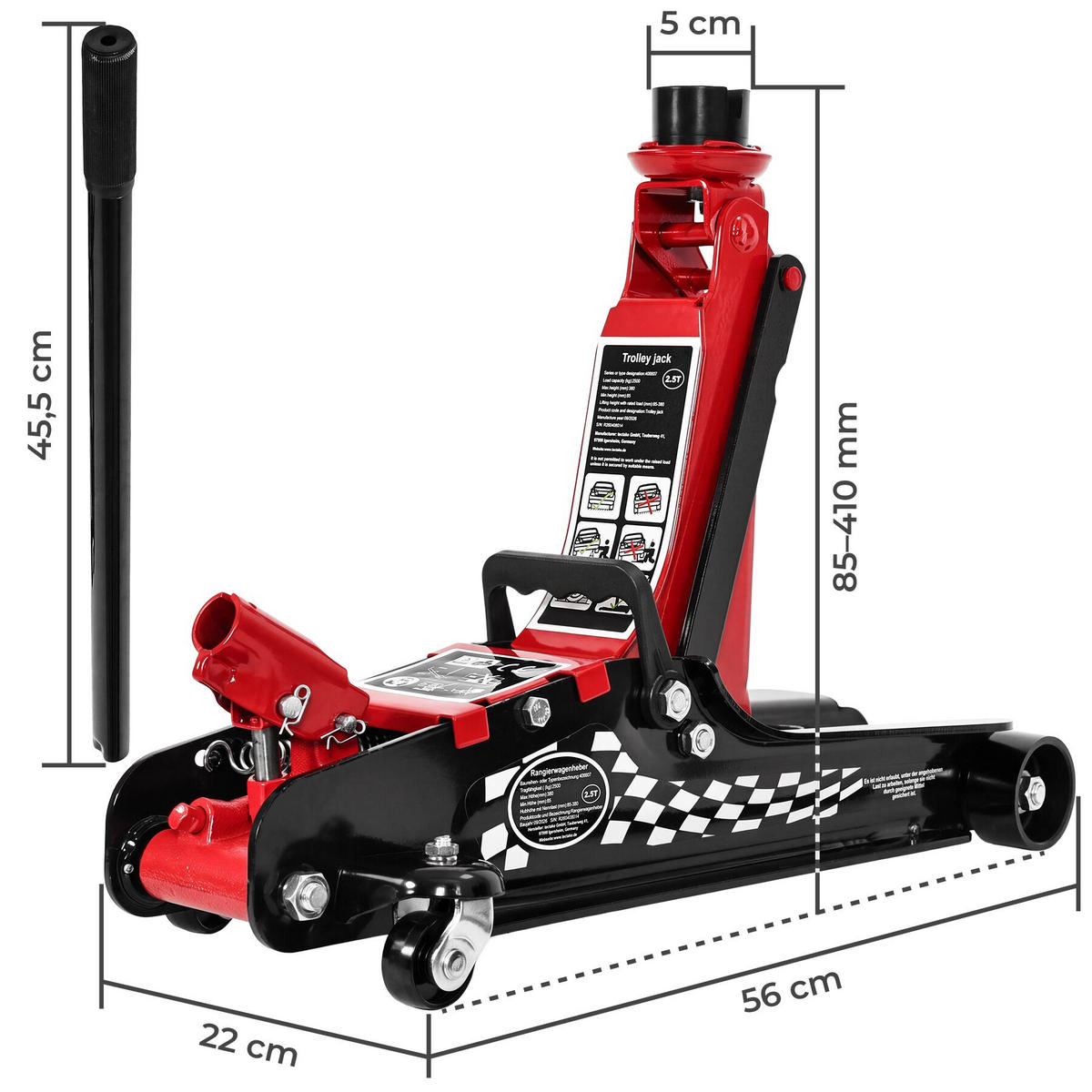 HYDRAULISCHER WAGENHEBER Jack, drehbarer Auflageteller, Gummiaufsatz mit Nut und Profil, schwarz/rot - Rot/Schwarz, Metall (56.5/22/41cm) - tectake