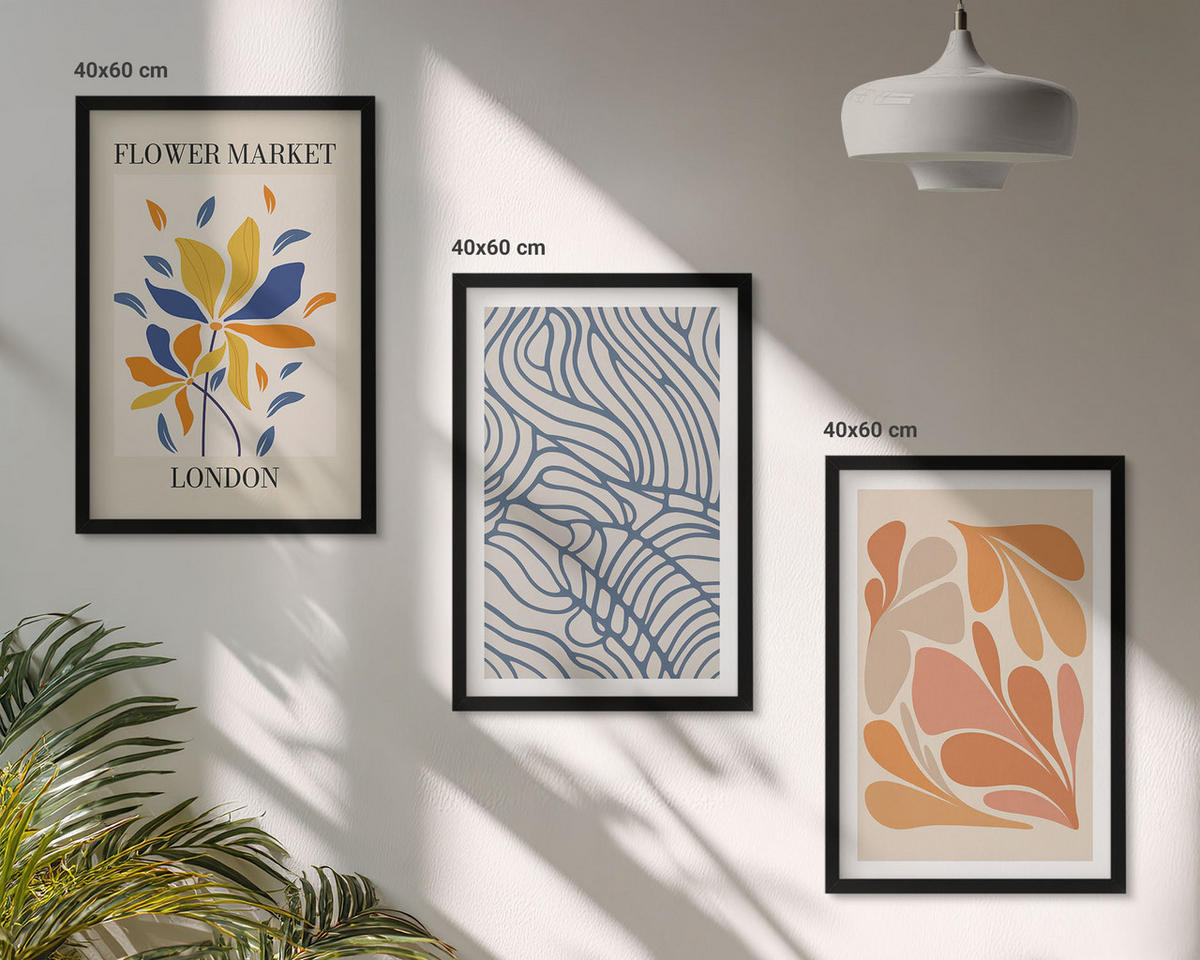 WANDBILDER 3er-Set - 40x60 cm Schwarzer Rahmen - Moderne abstrakte Blumen - Schwarz, Kunststoff (40/60cm) - ArtPrintCave