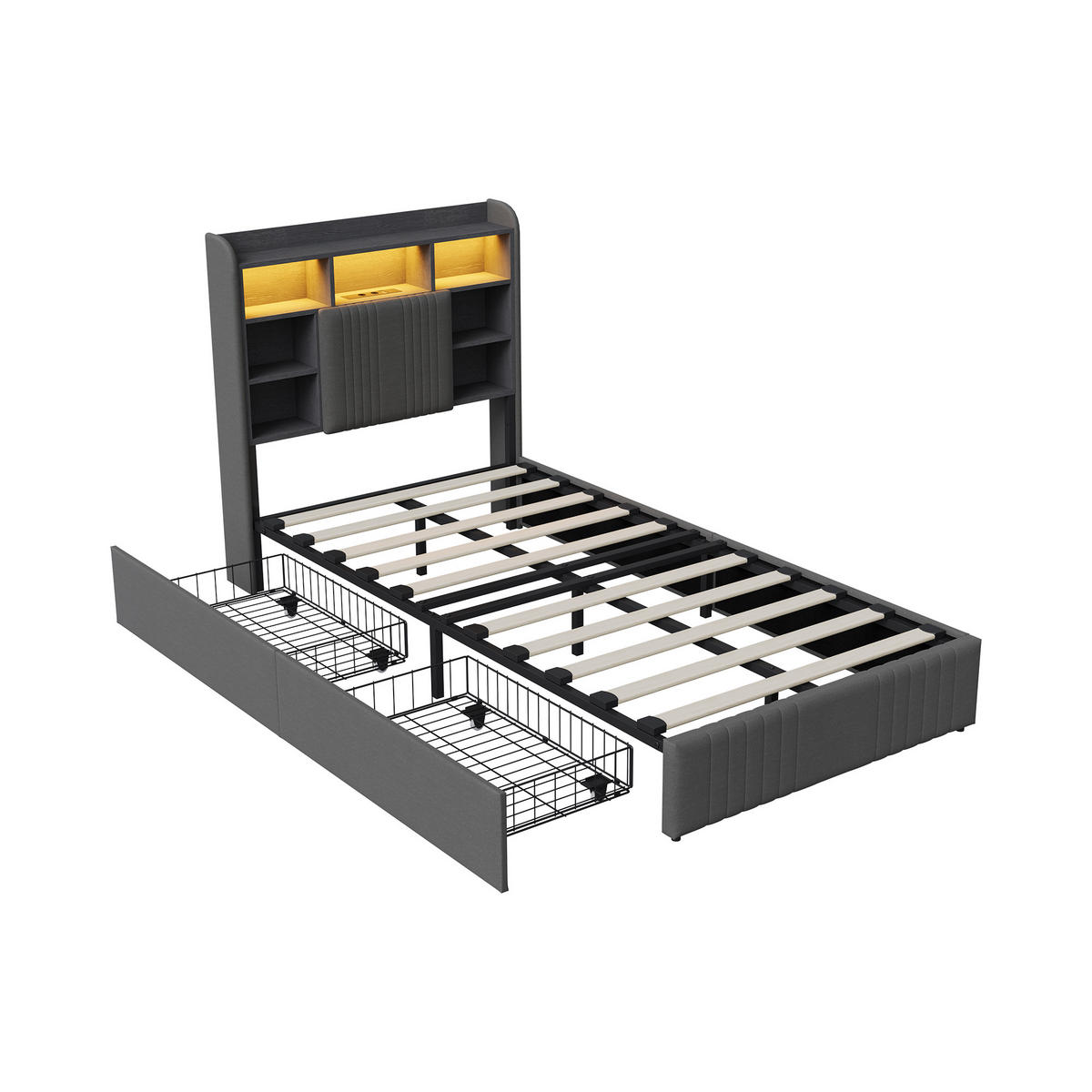 POLSTERBETT 90/200 cm Grau mit 2 Schubladen, LED-Kopfteil mit Ablage und USB - Grau, Metall (90/200cm) - EuroLiving