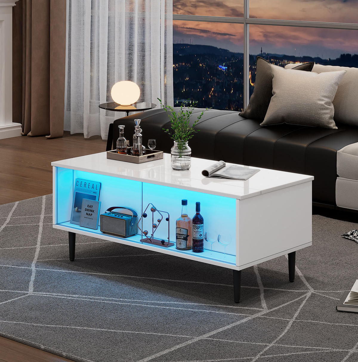 COUCHTISCH höhenverstellbar 105 x 50 x 43 cm Weiß mit LED und Stauraum - Weiß, Holzwerkstoff (105/50/43cm) - Meubliv