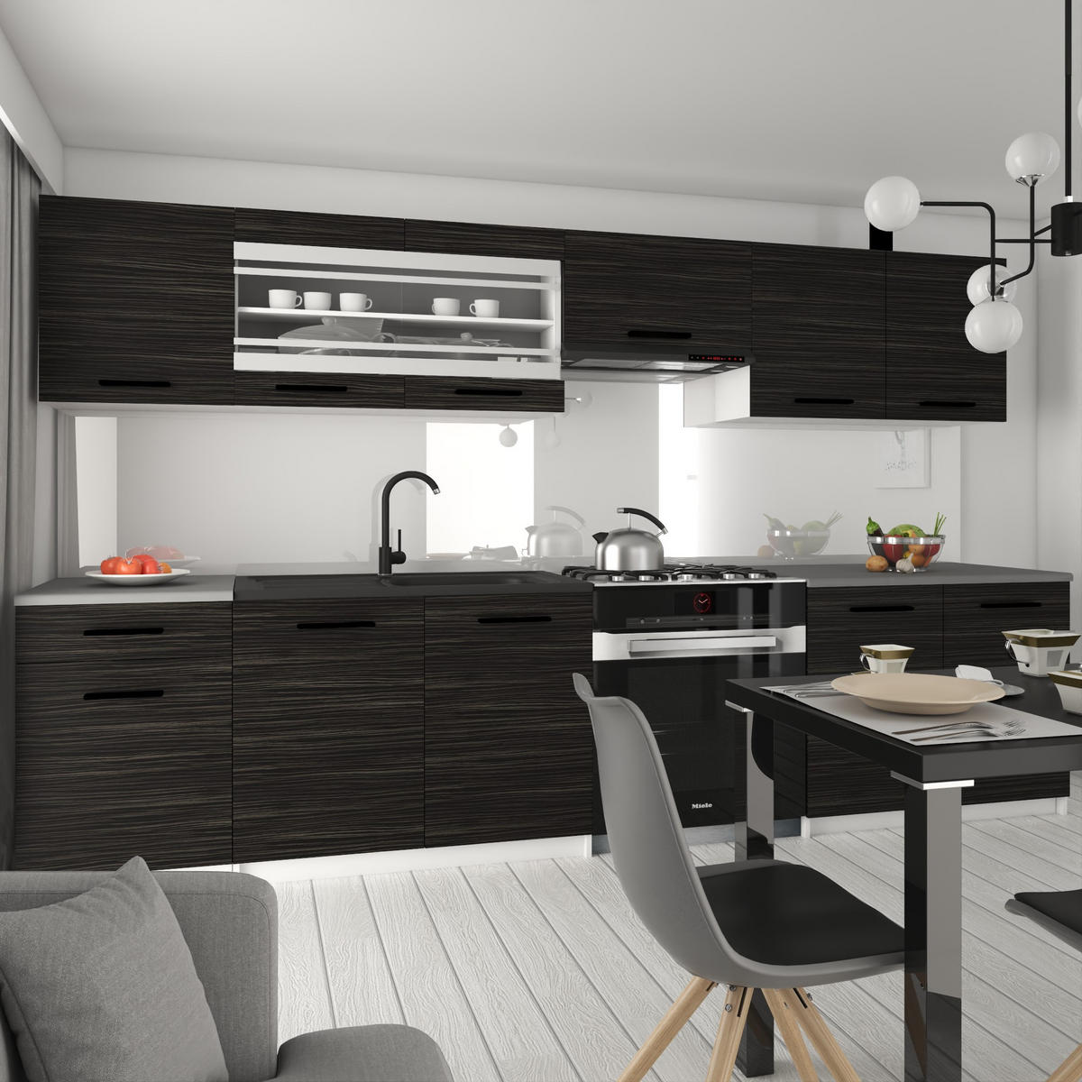 KÜCHENZEILE Italia 4 260 cm, mit Arbeitsplatten, Ebenholz - Schwarz, Holz (260/143/60cm) - B BELINI GROUP