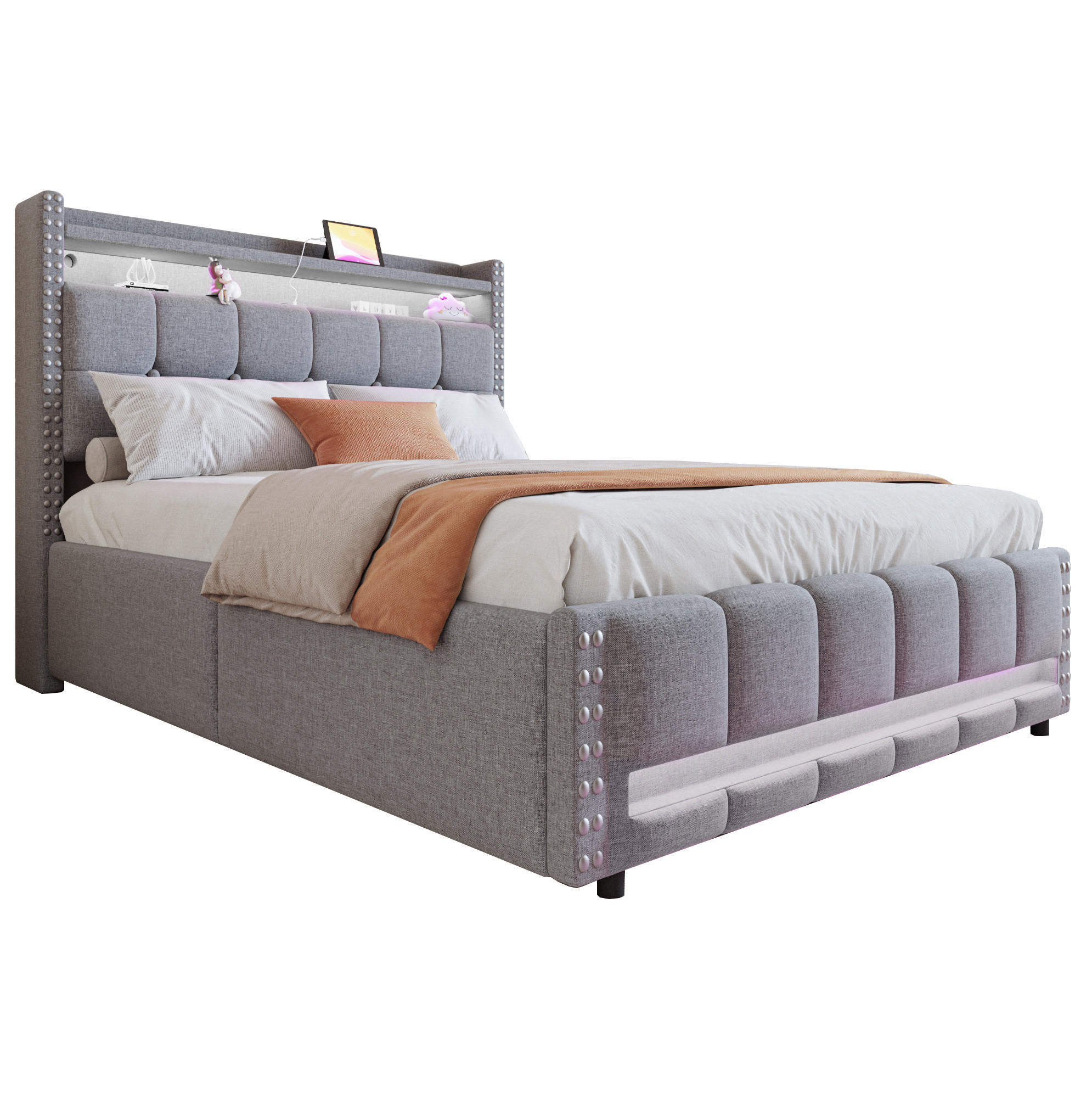 POLSTERBETT mit LED-Beleuchtung 140/200 cm mit Bettkasten und USB, Hellgrau - Hellgrau, Textil (140/200cm) - BEAOK