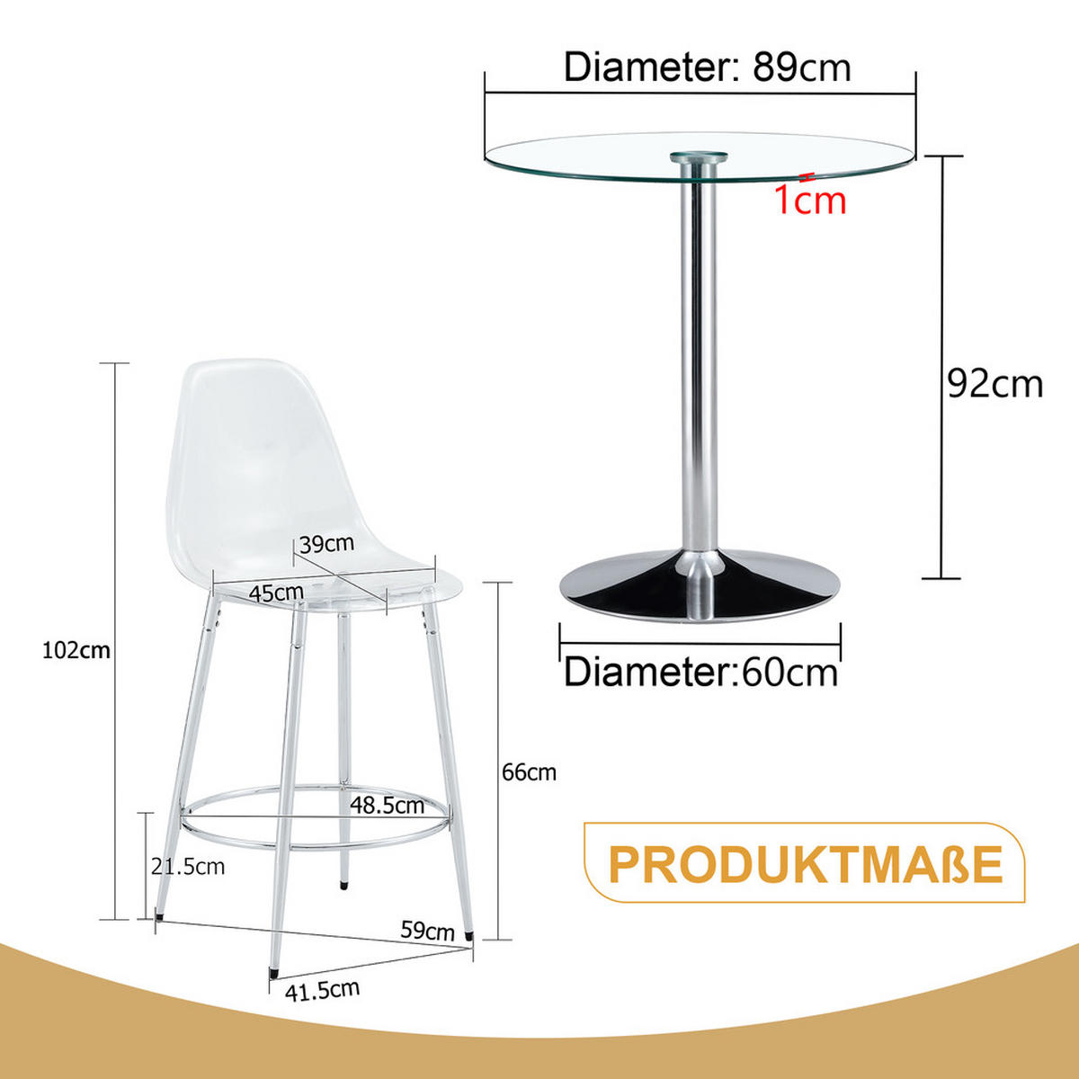 TISCHGRUPPE 3-tlg Glastisch 89 cm mit 2 transparenten Barhockern Silber - Silberfarben, Metall (93.5/5.5/93.5cm) - Raelunyi