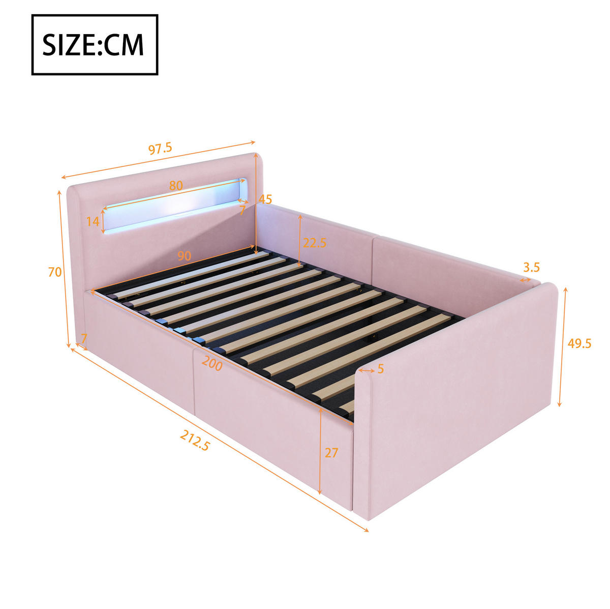 KINDERBETT aus Samtstoff 90x200 cm Rosa mit LED-Beleuchtung, USB-Anschluss und hydraulischem Stauraum - Rosa, Textil (90/200cm) - IVMEU