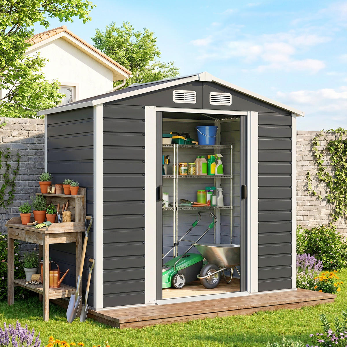 GARTENHAUS Grau 1 Stück - Grau, Kunststoff/Metall (120/194/213cm) - GiPP
