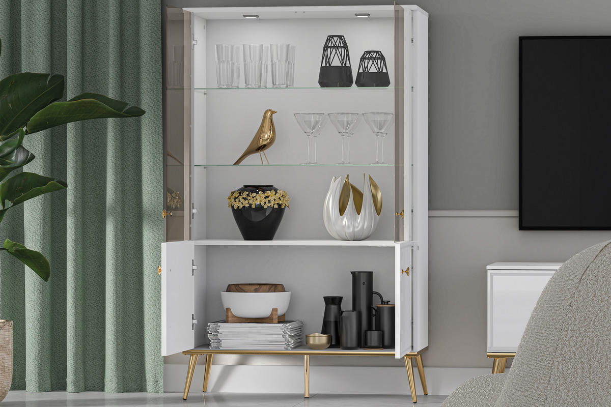 VITRINENSCHRANK ISORIA mit Beleuchtung, Glas Weiß - Goldfarben/Weiß, Holz/Metall (92/152/40cm) - KONSIMO®
