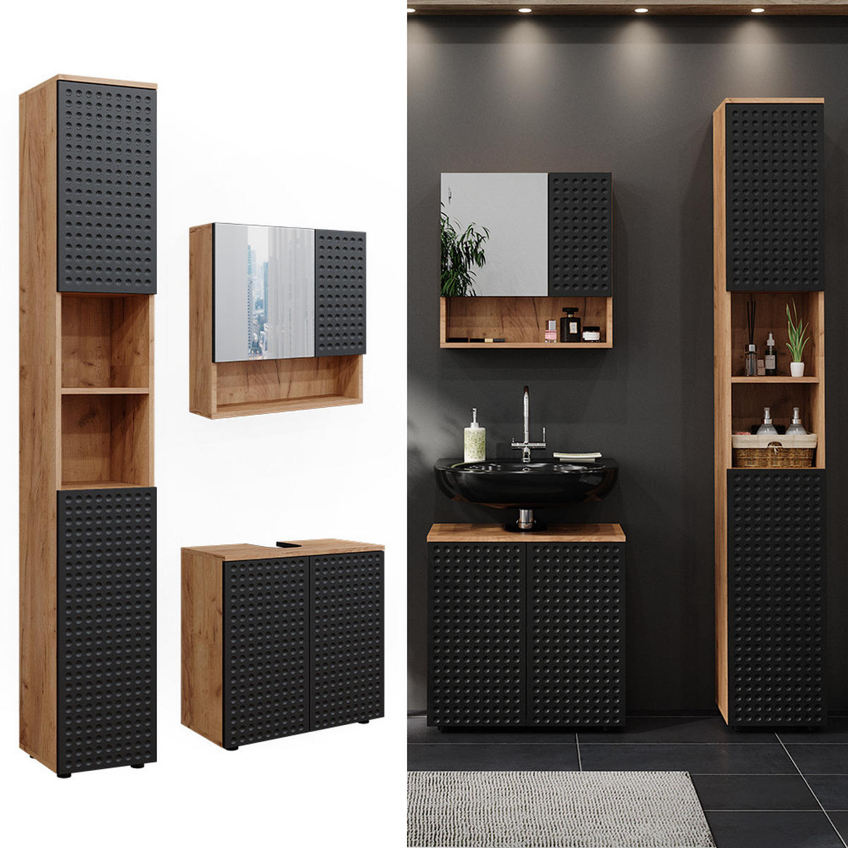 BADMÖBEL-SET Irma Anthrazit gepunktet 3 Teile, mit Hochschrank - Anthrazit/Eiche Wotan, Holzwerkstoff (80/58.6/41cm) - Vicco