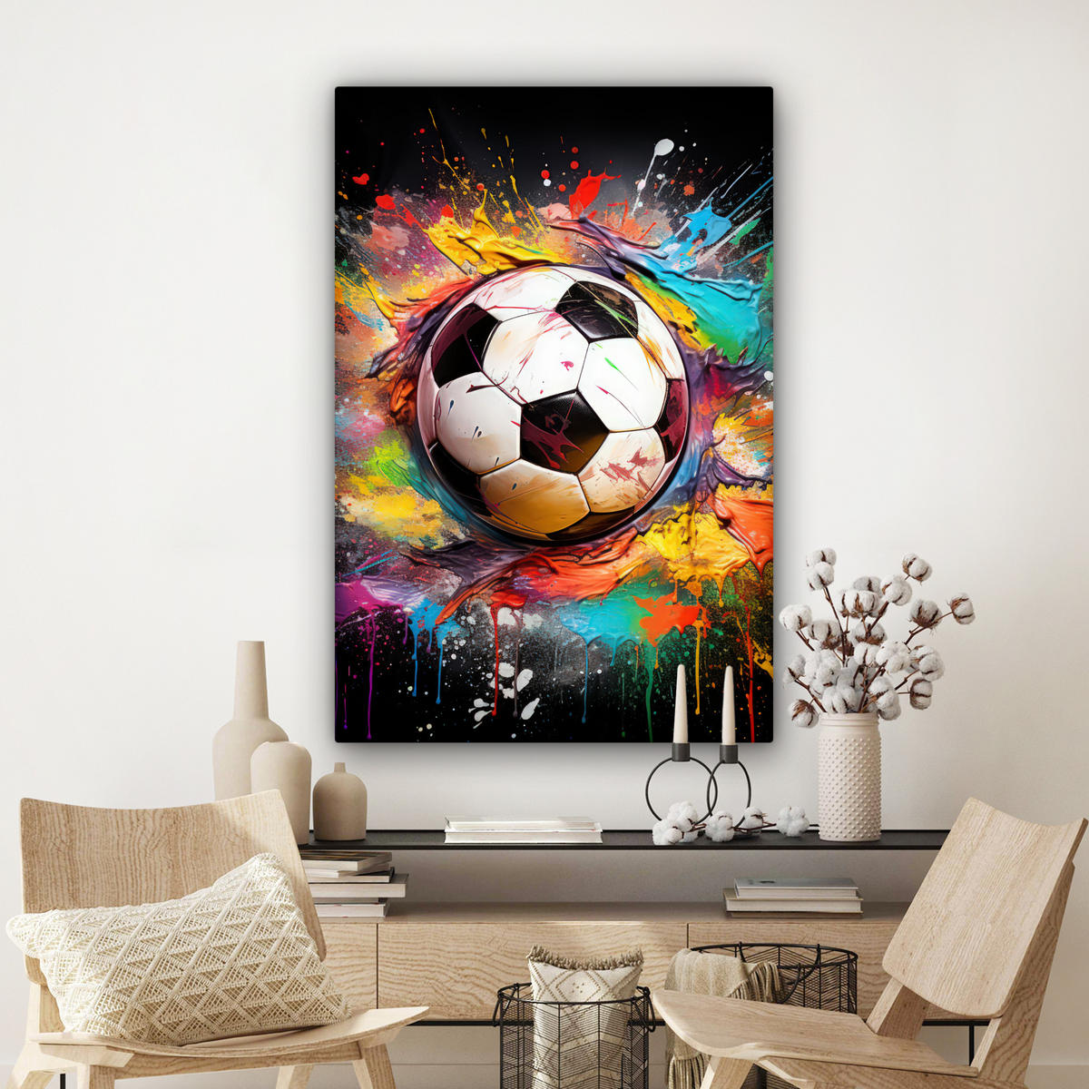 LEINWANDBILD Fußball - Farbe - Farben - Schwarz - Weiß 80x120 cm - Weiß, Textil (80/120cm) - MuchoWow