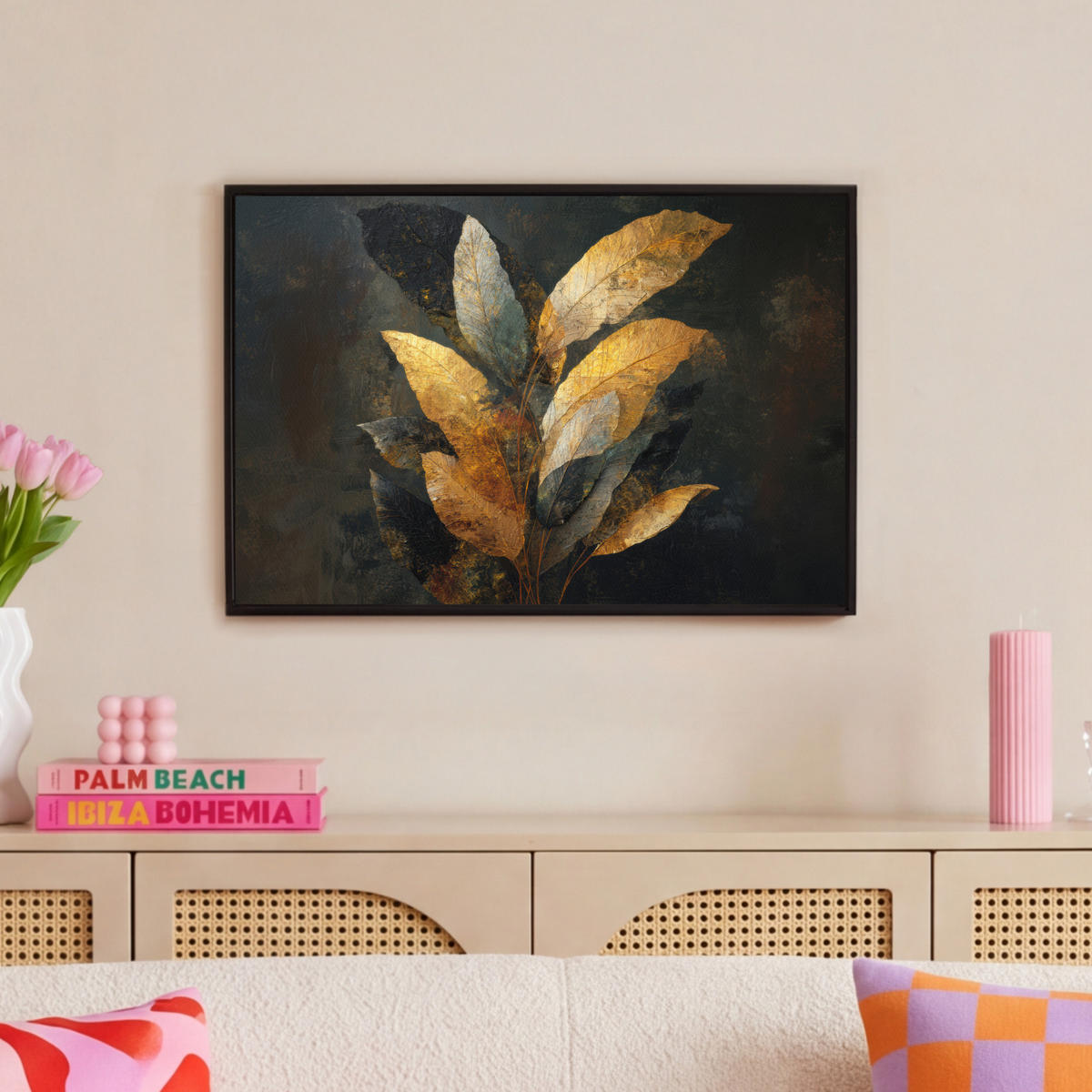 LEINWAND Bilder mit Rahmen - Golden Leaf Komposition - Botanical Luxury - 60x40 - Goldfarben, Textil (60/40cm) - MuchoWow