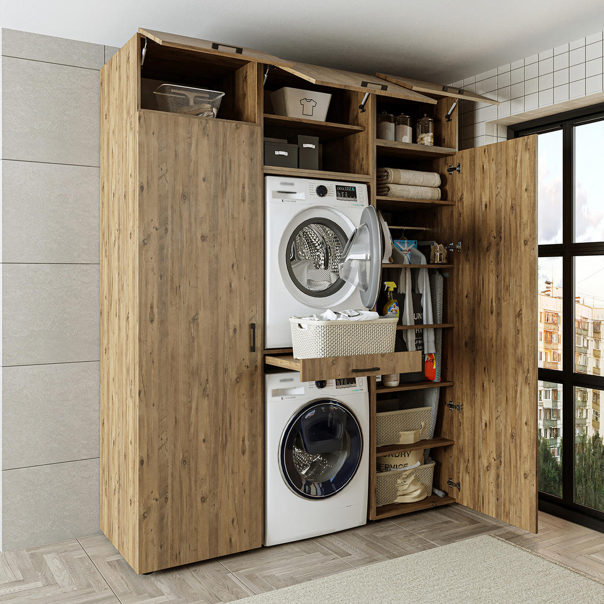 WASCHMASCHINENSCHRANK DUO-I 187cm Breit, 240cm Hoch - Eichefarben, Holzwerkstoff (187/240/67cm)