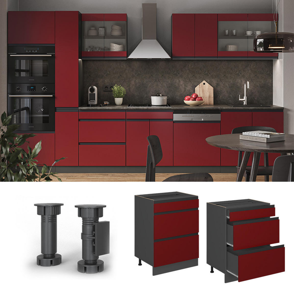 KÜCHENUNTERSCHRANK R-Line Rot 60 cm J-Shape, mit Schubladen, ohne AP - Anthrazit/Rot, Holzwerkstoff (60/81.6/46cm) - Vicco