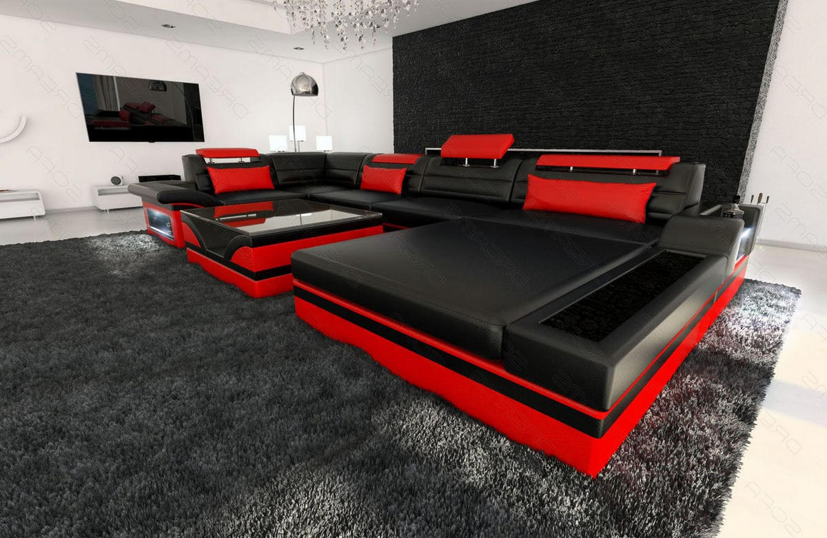 SOFA Mezzo U Schwarz Rot Ledermix - Schwarz, Textil (372/78/214cm)