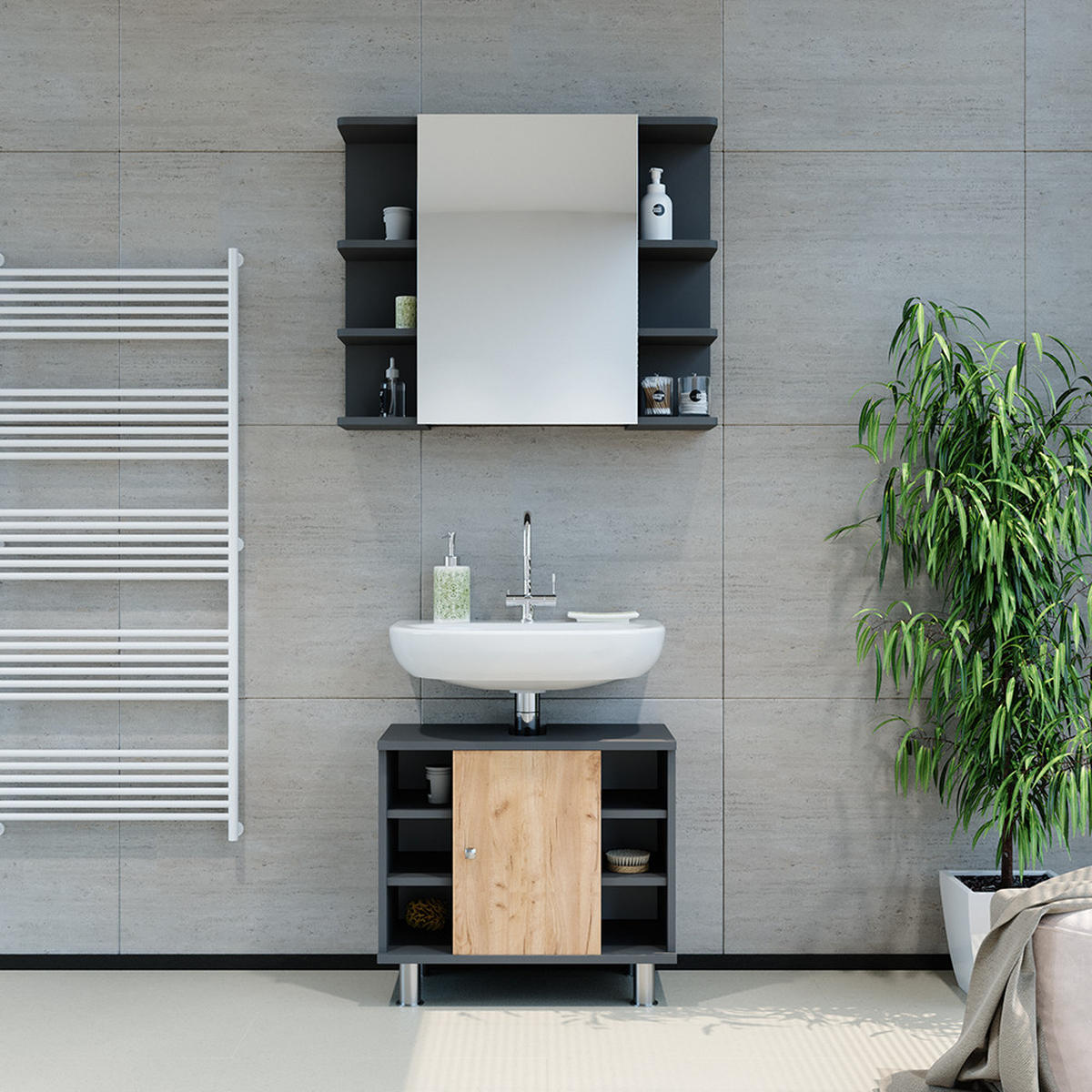 KOUPELNOVÝ NÁBYTEK Fynn Antracit/zlatý dub - medově dubová/antracitová, kompozitní dřevo (60/54/32cm) - Vicco