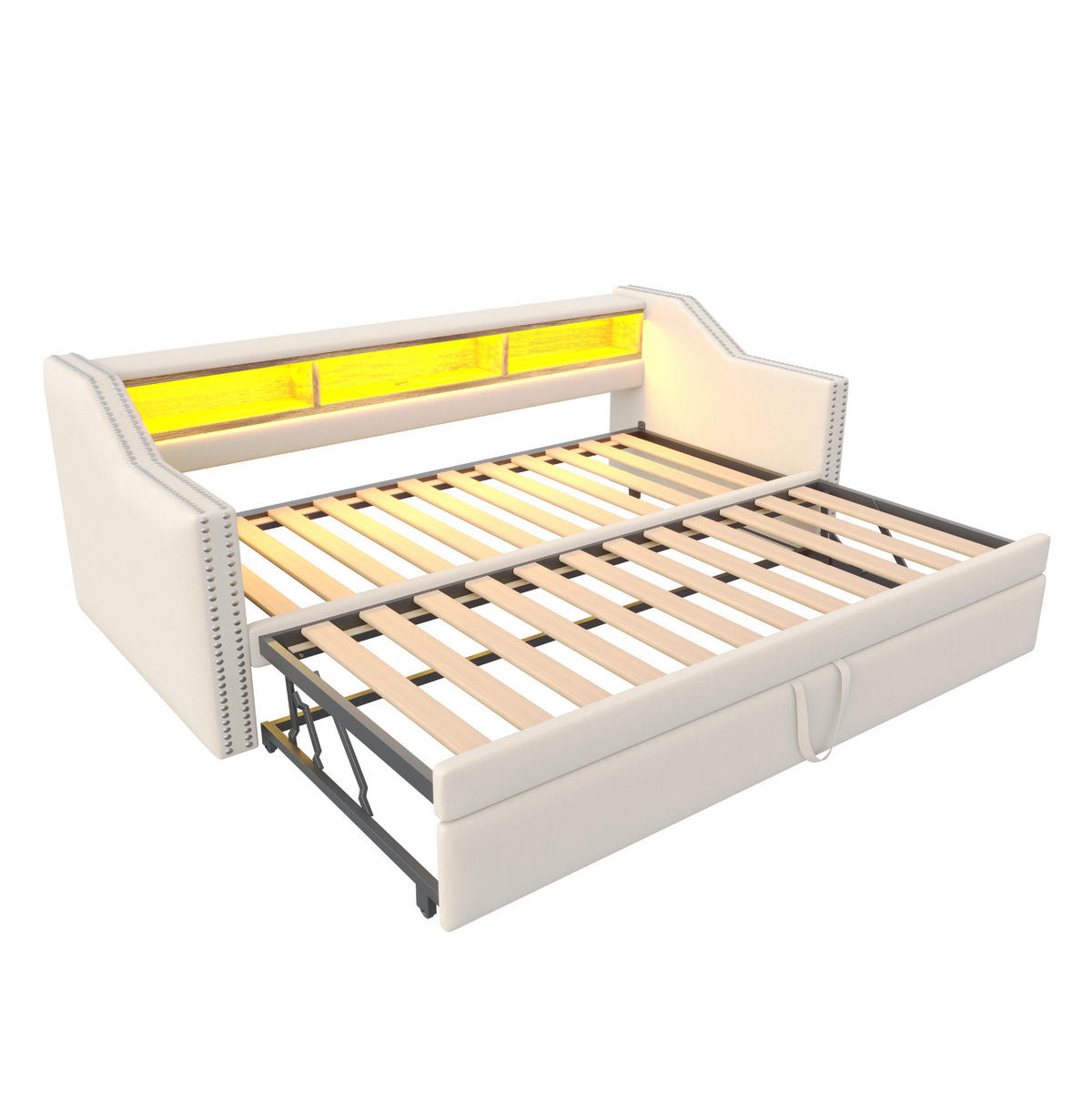 BETT 90/180x190 cm ausziehbar, inkl. Lattenrost und USB, Beige - Beige, Textil (90/190cm) - BEAOK