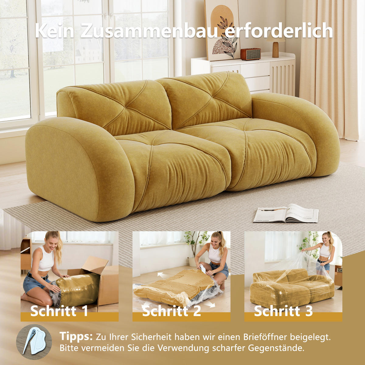 2-SITZER SOFA chenille modular & montagefrei - Gelb, Textil (204/76/95cm) - Urban Meuble
