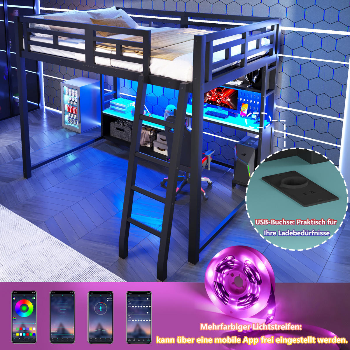 HOCHBETT aus MDF und Metall 140x200 cm Schwarz mit Schreibtisch, LED-Beleuchtung und Regalen im Gaming-Design - Schwarz, Holzwerkstoff (140/200cm) - Modfu