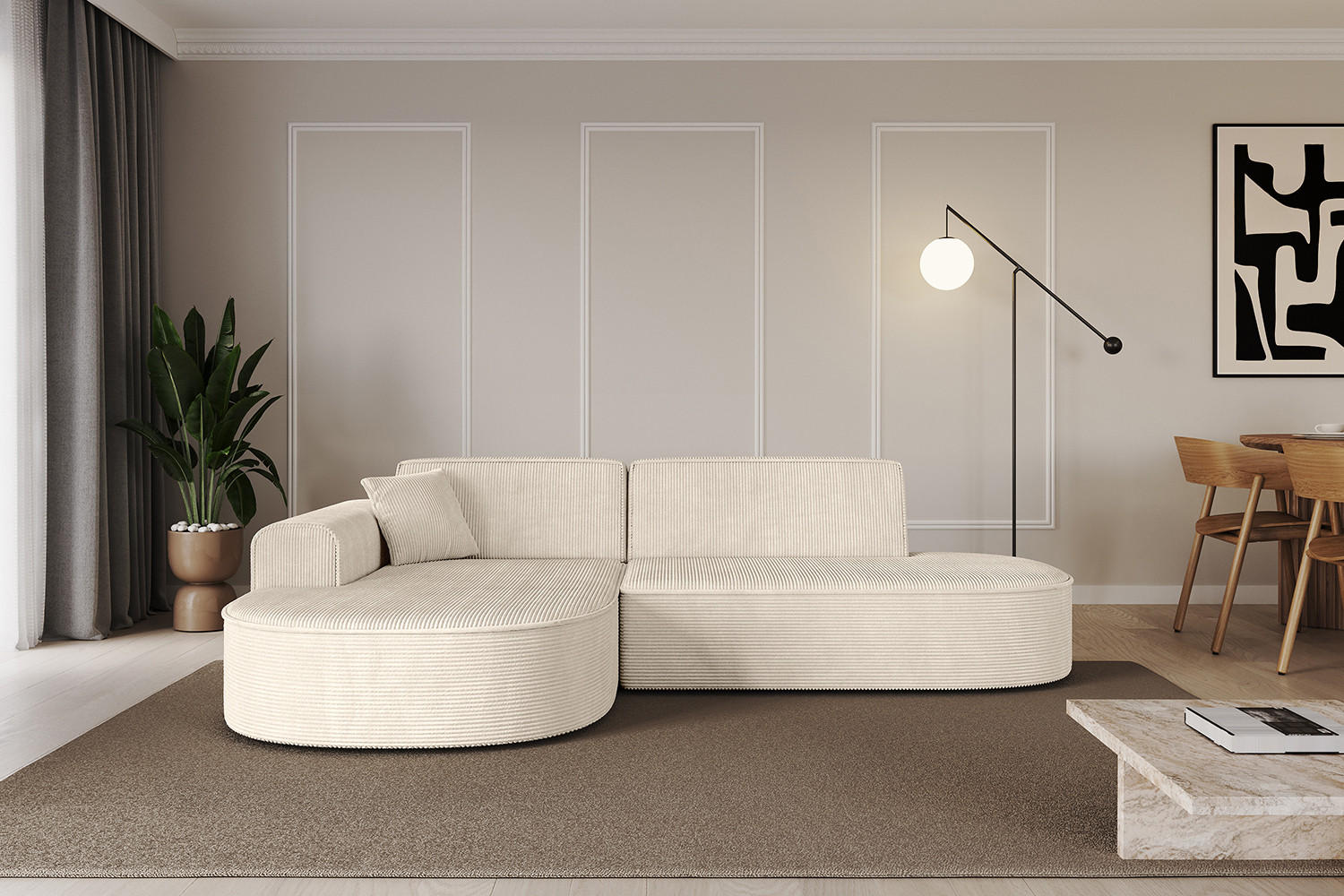ECKSOFA Ottomane Links MARI-L1 - 232x163x73,5 cm Beige Cord - Beige/Schwarz, Holzwerkstoff/Kunststoff (163/234cm) - ALTDECOR