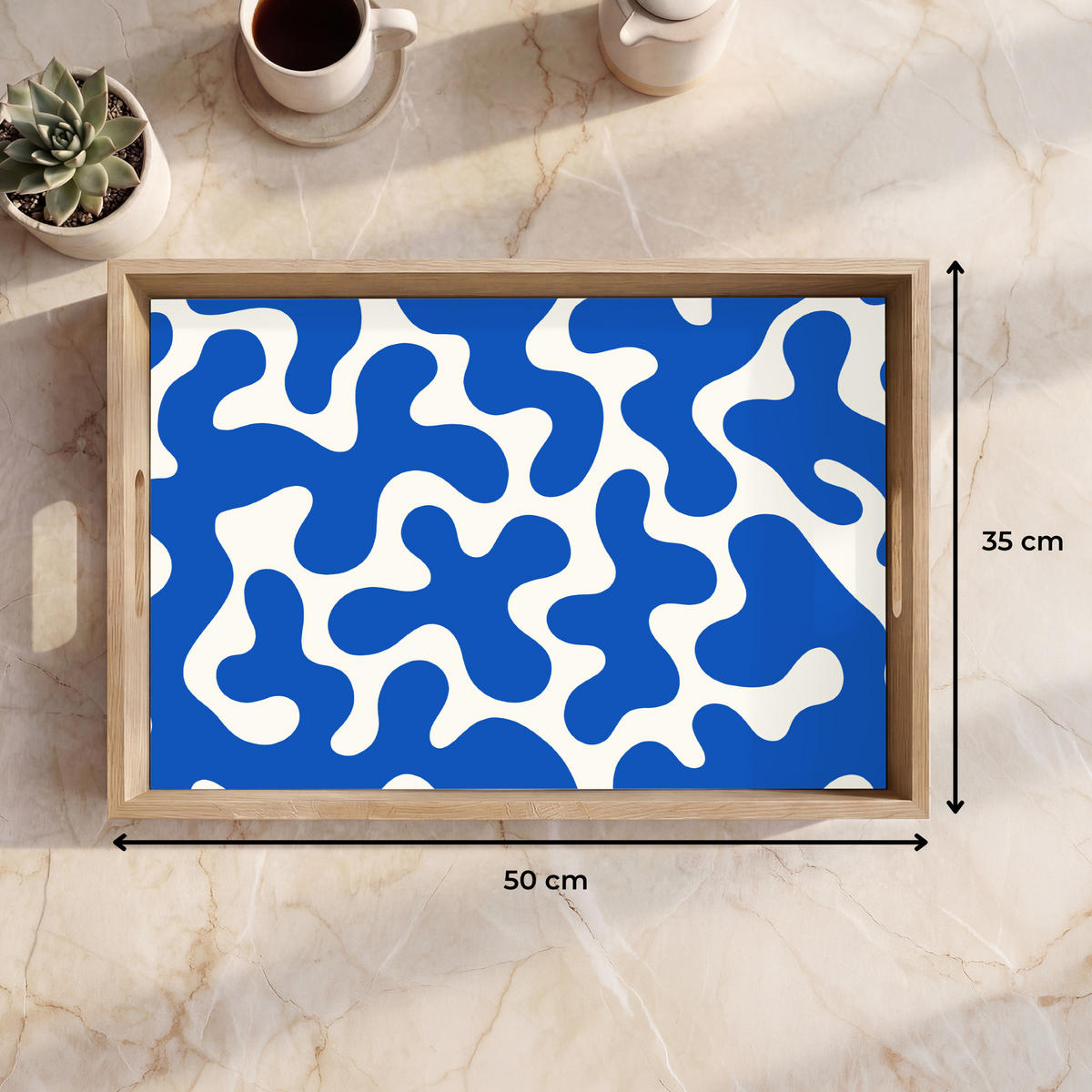 SERVÍROVACÍ PODNOS Tvary - abstraktní - modrá - vlny 50x35 cm - modrá, dřevo (50/5/35cm)