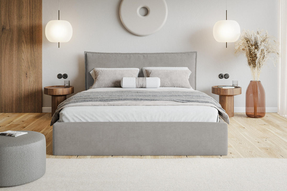 POLSTERBETT 160x200 cm Zenito Slim mit Kissen-Kopfteil, Bettkasten, Hellgrau - Hellgrau, Holz/Textil (160/200cm) - Emporius