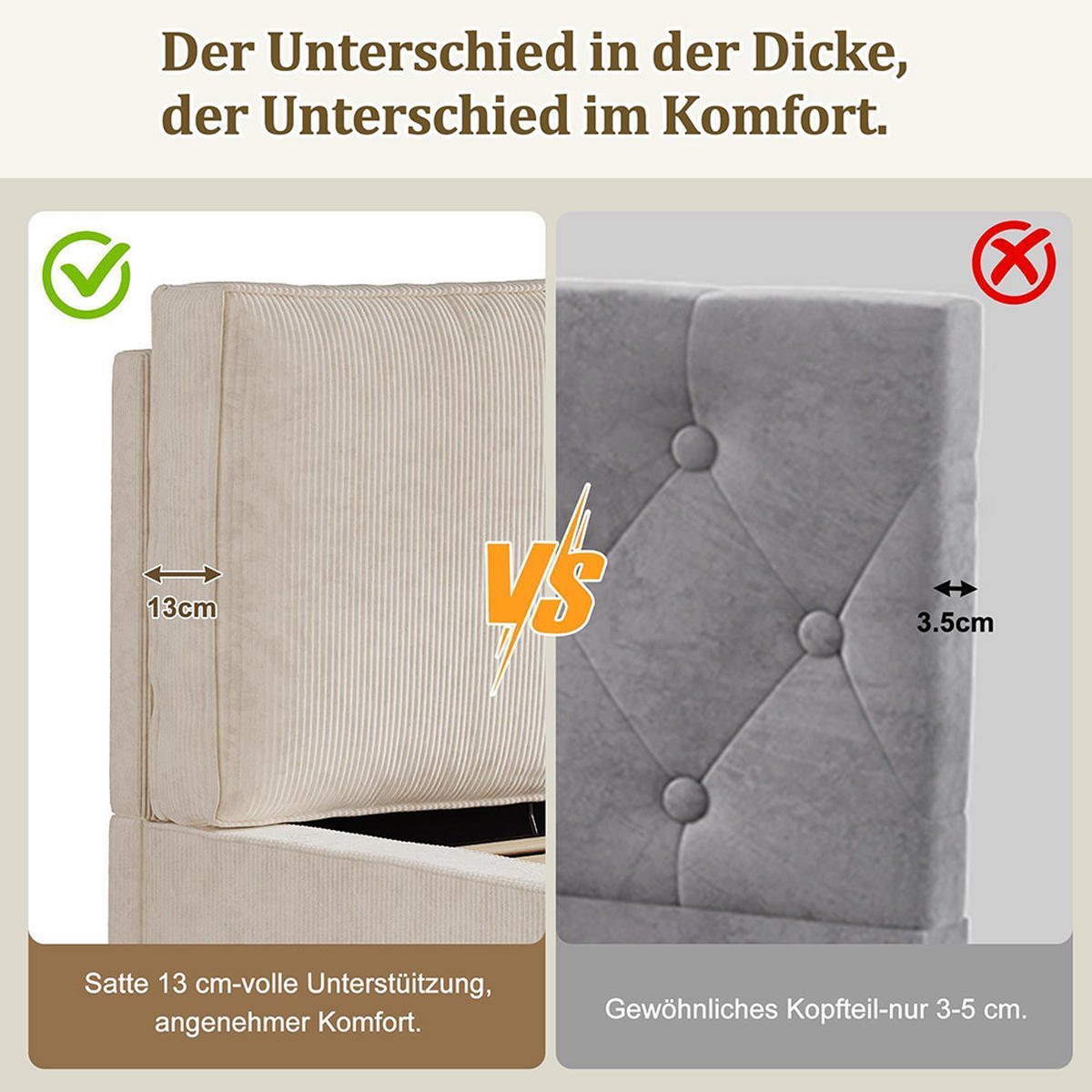 POLSTERBETT 180 x 200 cm, Bett mit Lattenrost, beige, Cord (gerippter Stoff) - Beige, Holz/Textil (180/200cm) - KOMHTOM