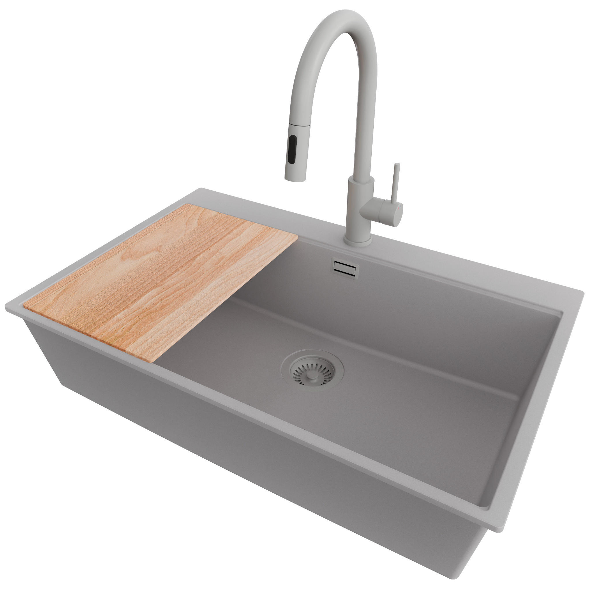 GRANITSPÜLE Oslo, 2-er set Grau 78/50 cm 1 Becken + Küchenarmatur 40/20 cm + Ablauf-Set + Schneidebrett ab 80er Unterschrank - Beige/Grau, Kunststoff (78/20/50cm) - Primagran